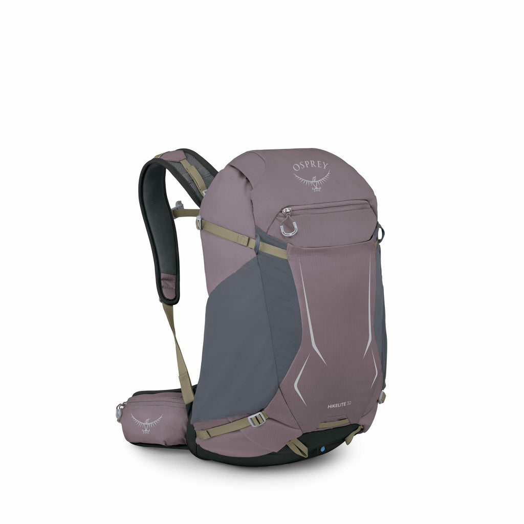 The image features an Osprey hiking backpack in a muted purple color with dark gray side panels. The backpack has a sleek, modern design, accented with light green straps and buckles. The Osprey logo is prominently displayed on the top section of the bag,