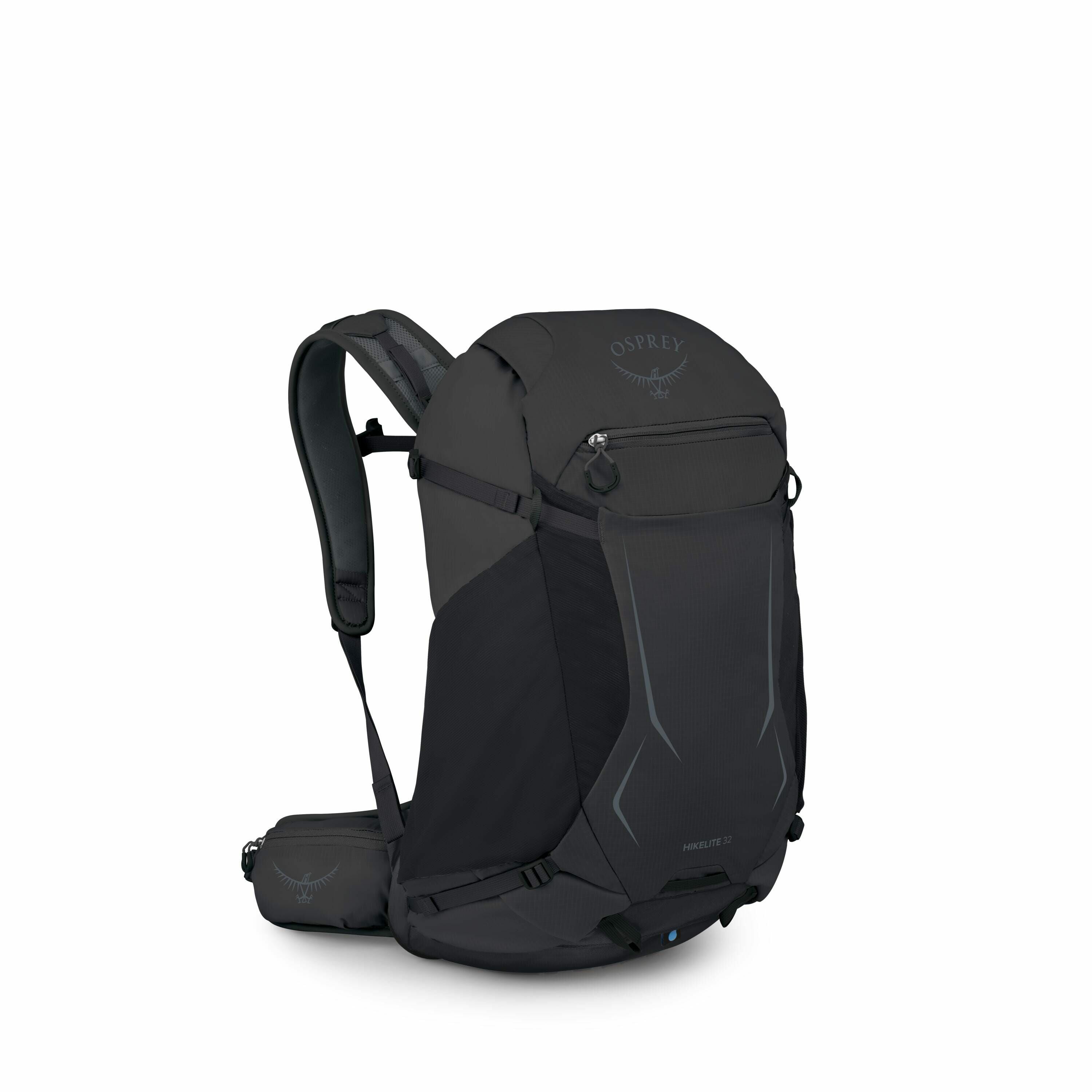 The image shows a black Osprey backpack with a sleek and modern design, likely intended for hiking or outdoor activities. The backpack features multiple compartments and pockets, including a zippered front pocket and side pockets for easy access to water