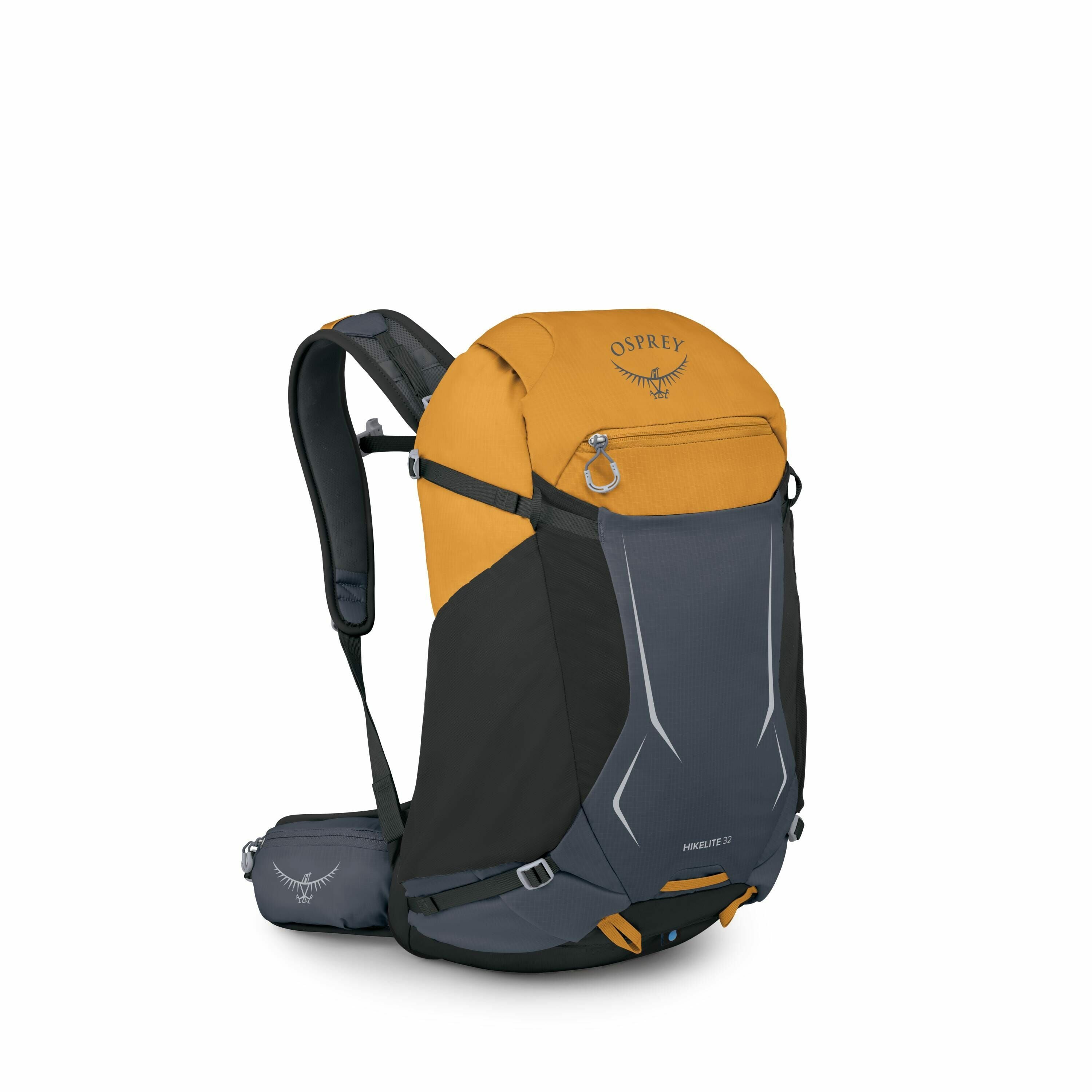 The image showcases a vibrant and durable backpack, specifically an Osprey Hikelite 32. This backpack features a striking design with a combination of ochre yellow at the top and gray at the bottom, creating an appealing contrast. It has multiple compartm