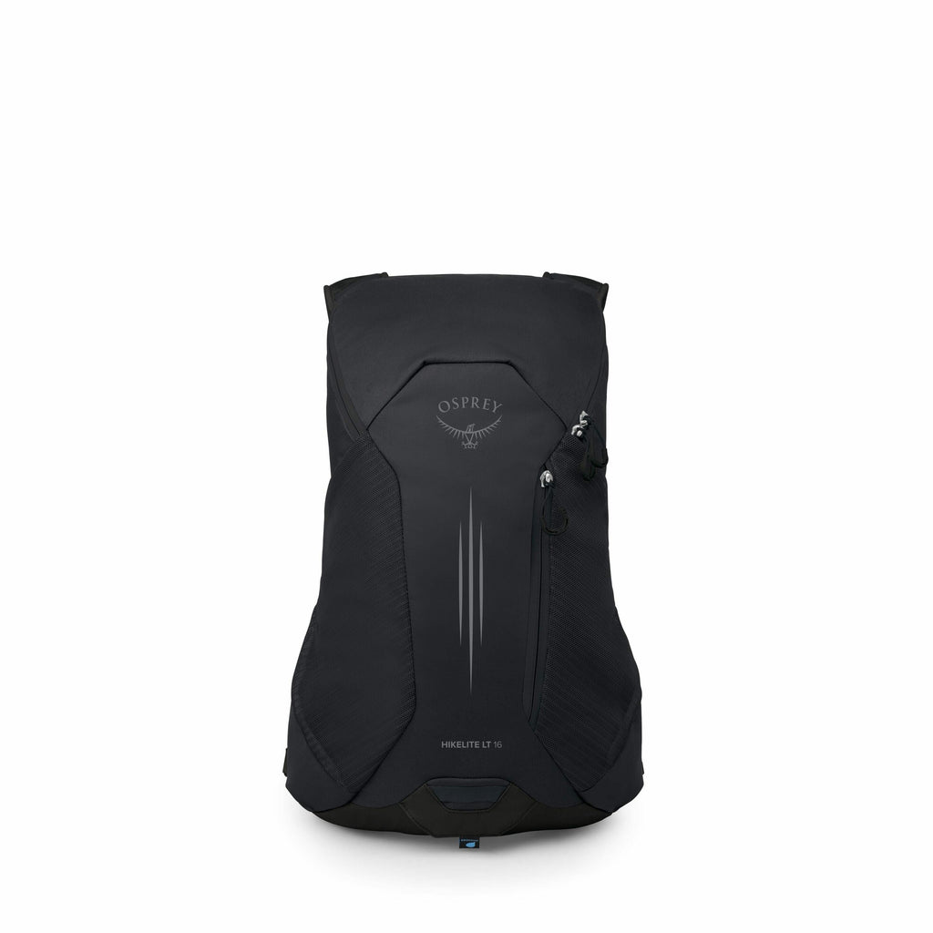 The images depict a black backpack from various angles and in different states of assembly or deconstruction. The backpack is branded with the Osprey logo, along with the model name "Hikelite LT 15" printed on it. The first two images show the backpack fu