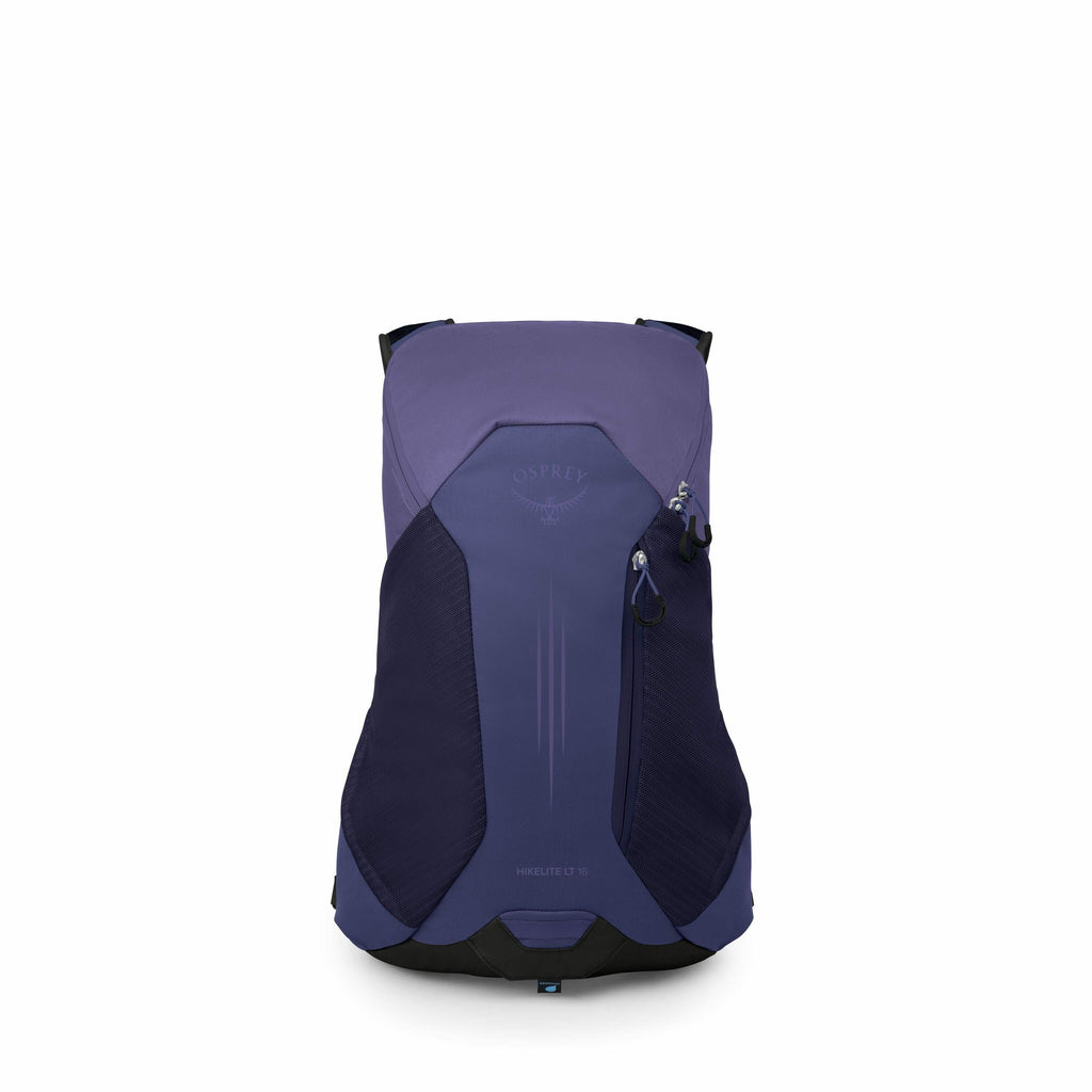 The image showcases a backpack from Osprey, specifically the Hikelite LT 15 model. It has a sleek and compact design with a vibrant purple color, accented by darker purple and black panels. The backpack features the Osprey logo prominently on its front. S