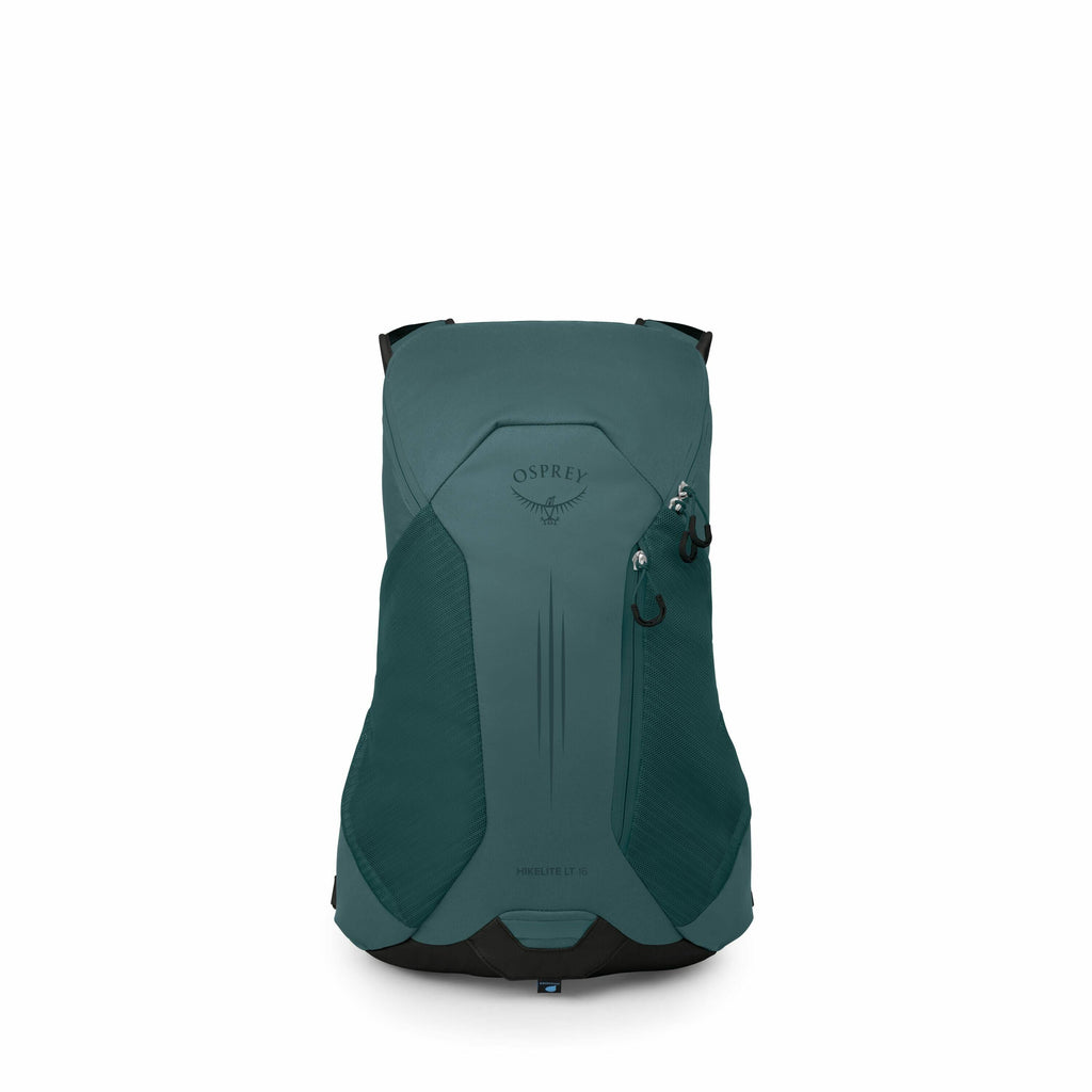 The image showcases a teal Osprey backpack, specifically the Hikelite LT 16 model. The backpack has a sleek design with the Osprey logo prominently displayed on the upper portion. There are several zippered compartments visible, providing storage options