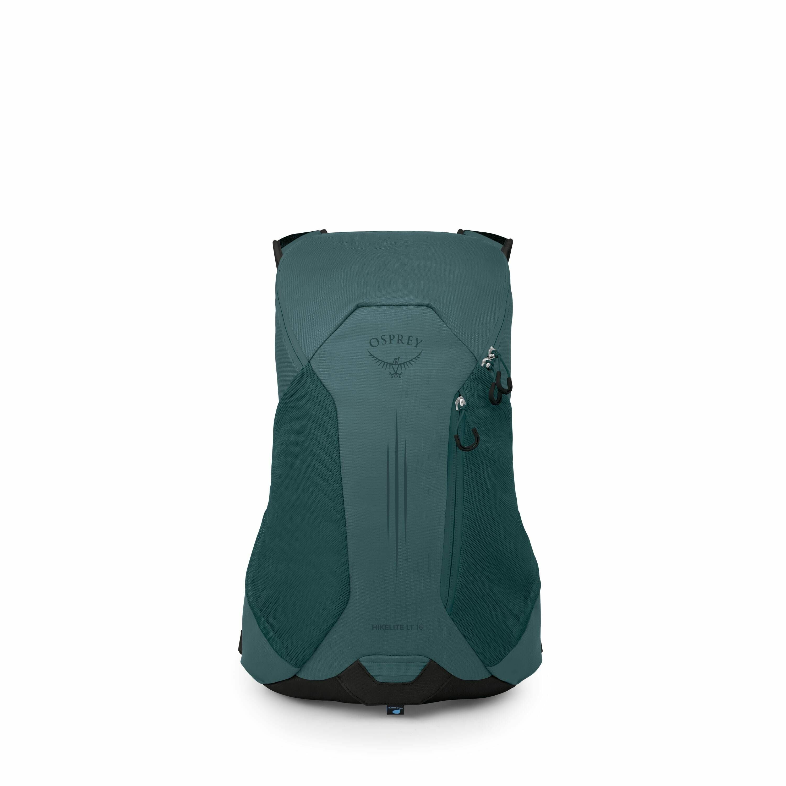 The image showcases a teal Osprey backpack, specifically the Hikelite LT 16 model. The backpack has a sleek design with the Osprey logo prominently displayed on the upper portion. There are several zippered compartments visible, providing storage options