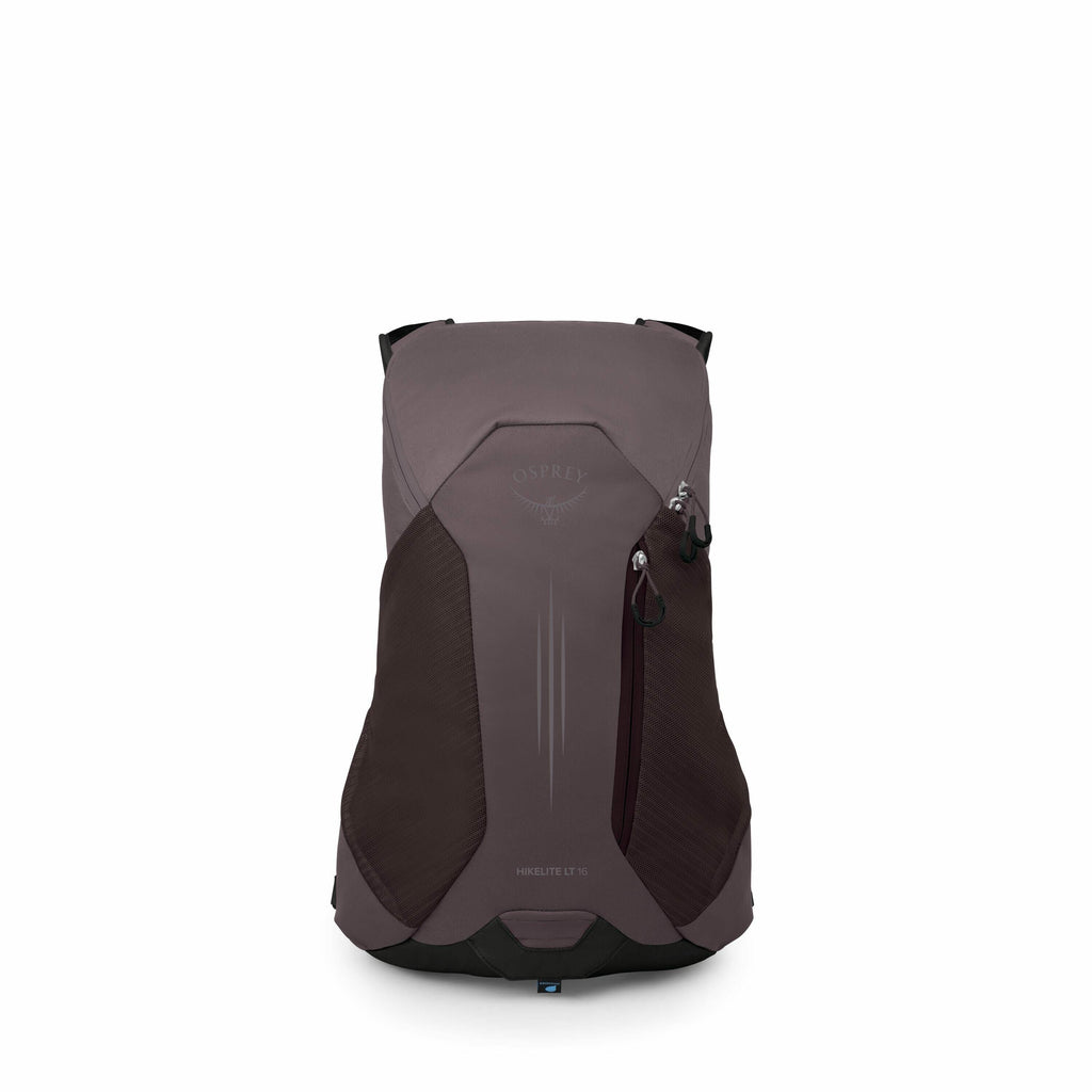 The image features a backpack designed by Osprey, specifically the HikeLite LT 15 model, presented in various stages of assembly. The backpack is primarily dark gray with black accents and features a sleek, modern design with a minimalist appearance. Nota