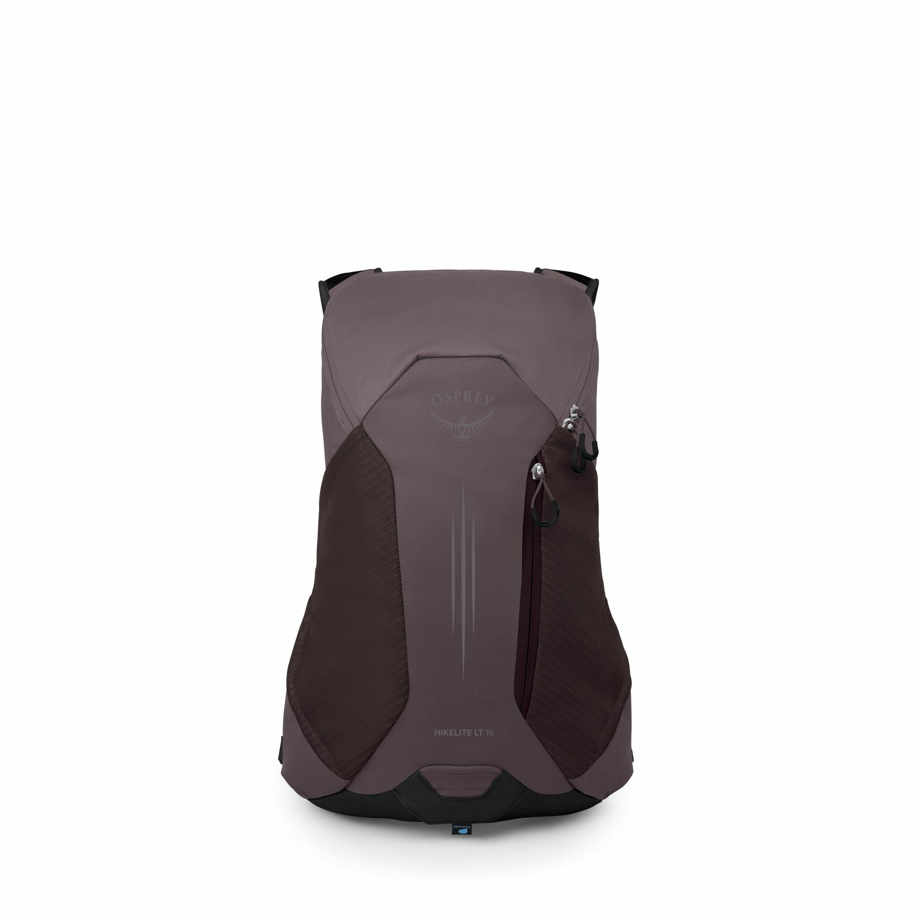 The image features a backpack designed by Osprey, specifically the HikeLite LT 15 model, presented in various stages of assembly. The backpack is primarily dark gray with black accents and features a sleek, modern design with a minimalist appearance. Nota