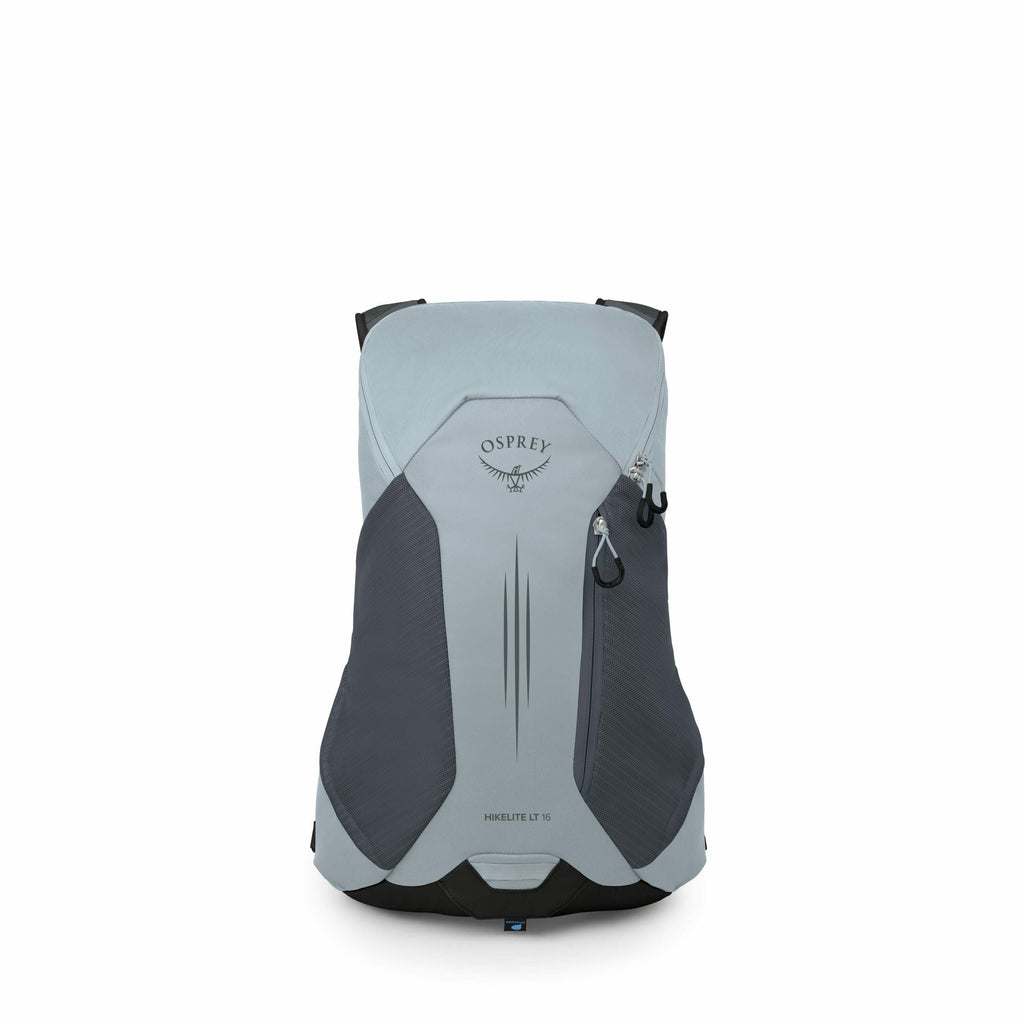 The image series showcases an Osprey backpack, specifically the Hikelite LT 16 model. The backpack is light blue with dark gray accents and features a sleek, streamlined design. The logo "Osprey" is prominently displayed near the top of the backpack, acco