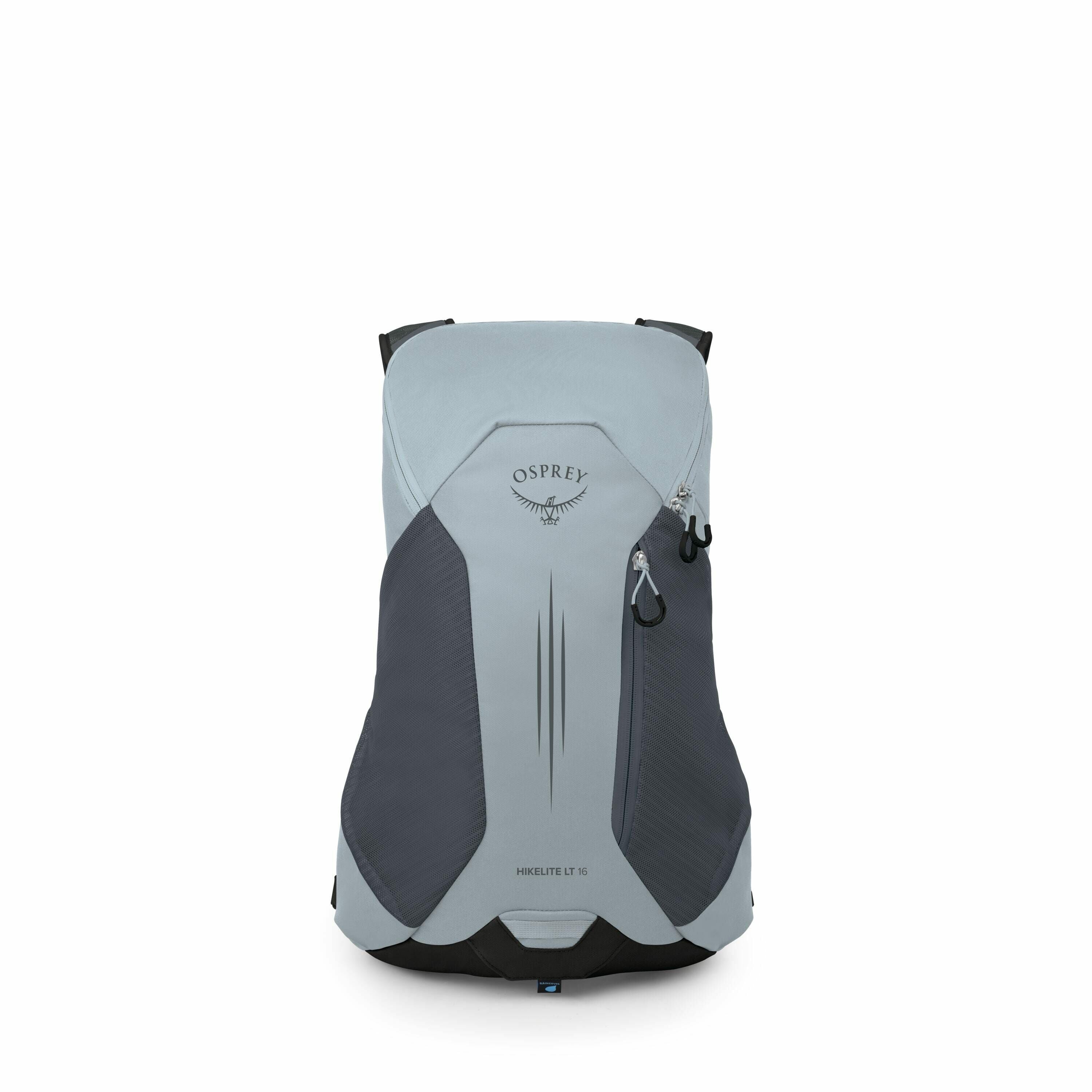 The image series showcases an Osprey backpack, specifically the Hikelite LT 16 model. The backpack is light blue with dark gray accents and features a sleek, streamlined design. The logo "Osprey" is prominently displayed near the top of the backpack, acco
