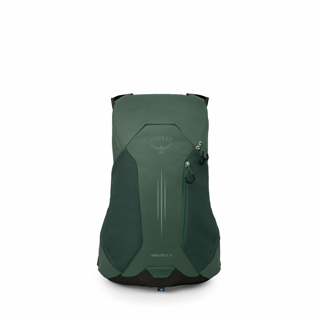 The image displays an Osprey HikeLite LT 15 backpack in a deep green color. The backpack has a sleek and streamlined design, with the Osprey logo prominently featured near the top. It includes a zipper on the right side of the front panel, suggesting a co