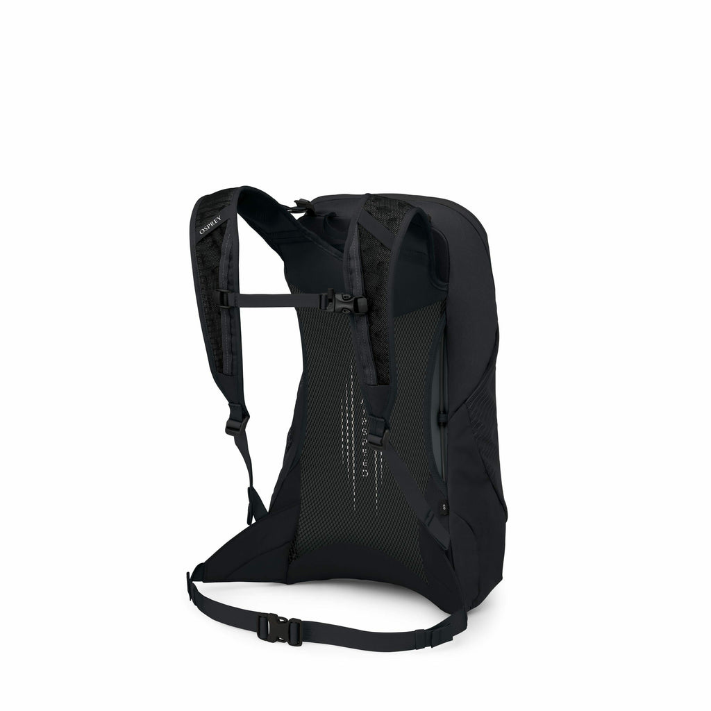 The image shows the back side of a black backpack designed for outdoor use. It features comfortable and adjustable shoulder straps, a padded back panel for support, and a waist strap for added stability and weight distribution. The material appears to be