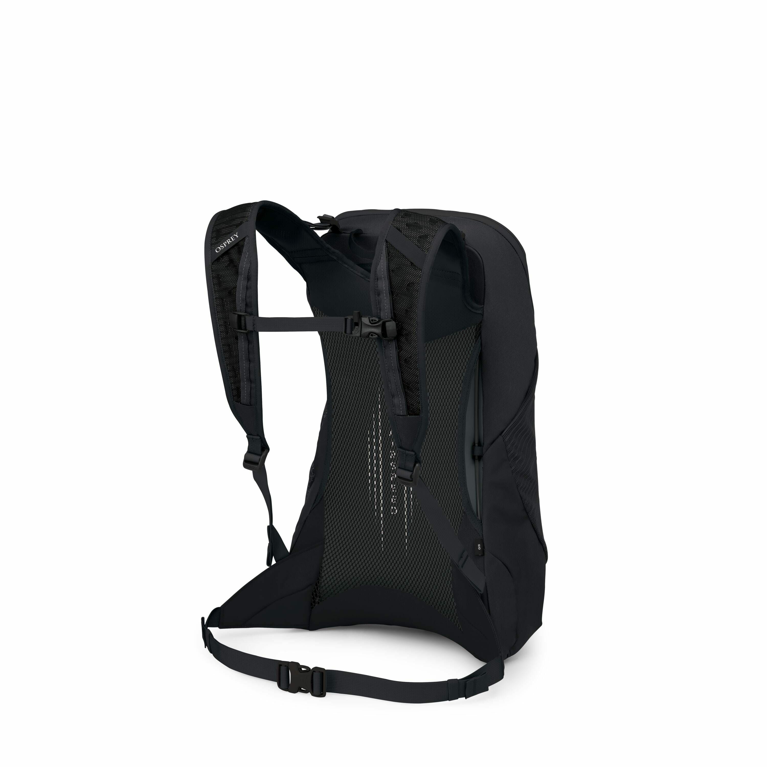 The image shows the back side of a black backpack designed for outdoor use. It features comfortable and adjustable shoulder straps, a padded back panel for support, and a waist strap for added stability and weight distribution. The material appears to be