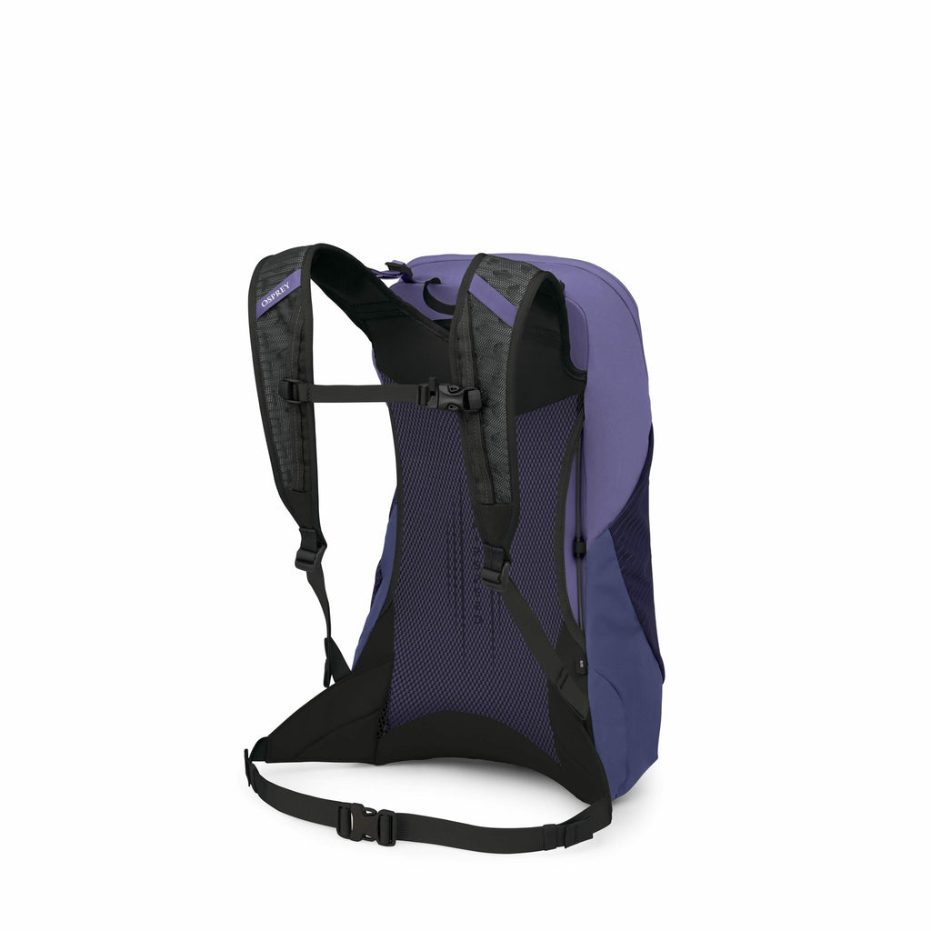 The image shows a blue and black backpack viewed from the back, showcasing its ergonomic design. The backpack features padded shoulder straps with adjustable buckles and a chest strap for improved support and comfort during wear. It has a mesh back panel