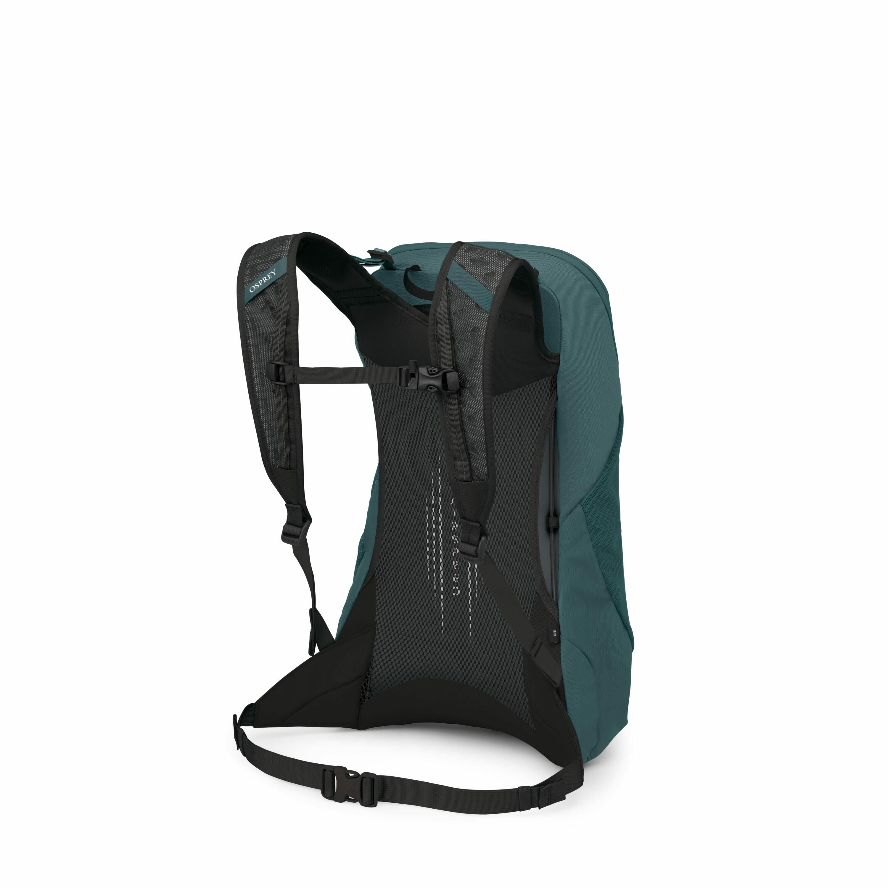 The image shows a detailed view of a backpack from the perspective of its back panel and shoulder straps. The backpack is predominantly teal, with black accents and a grey mesh back panel for ventilation. The Osprey logo is visible on the left shoulder st