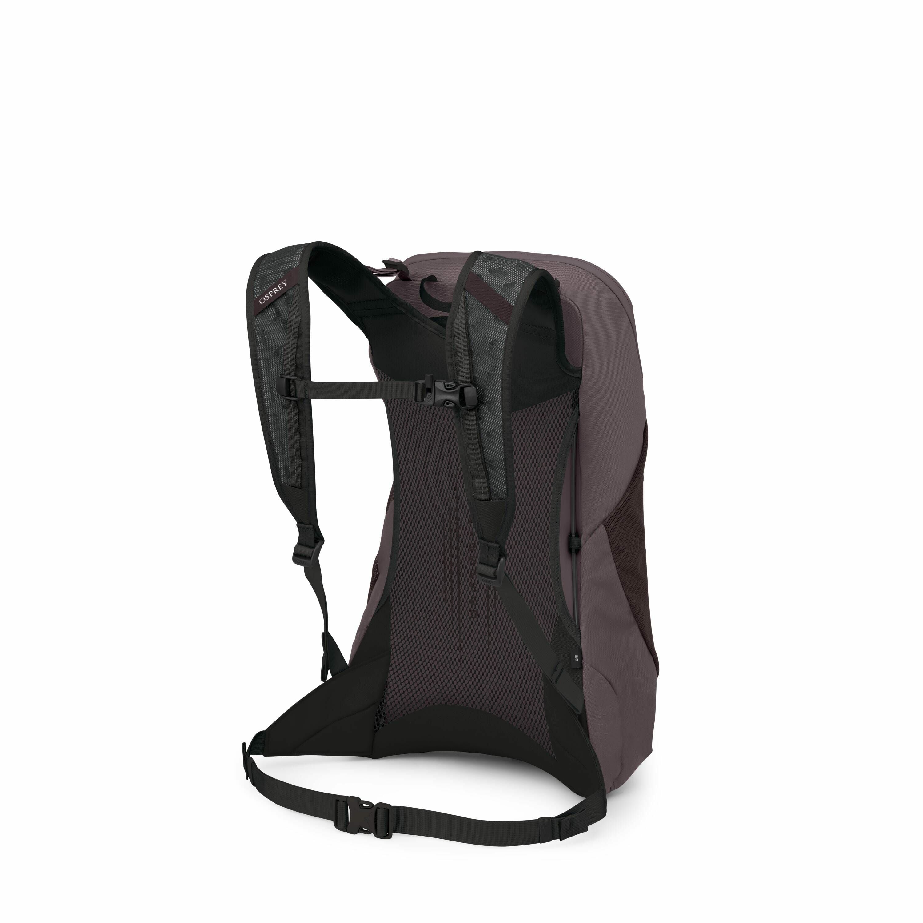 The image depicts a stylish backpack viewed from the back side, showcasing its ergonomic design. The backpack features a muted purple color with black and dark gray accents. It has padded, adjustable shoulder straps with mesh padding for breathability and