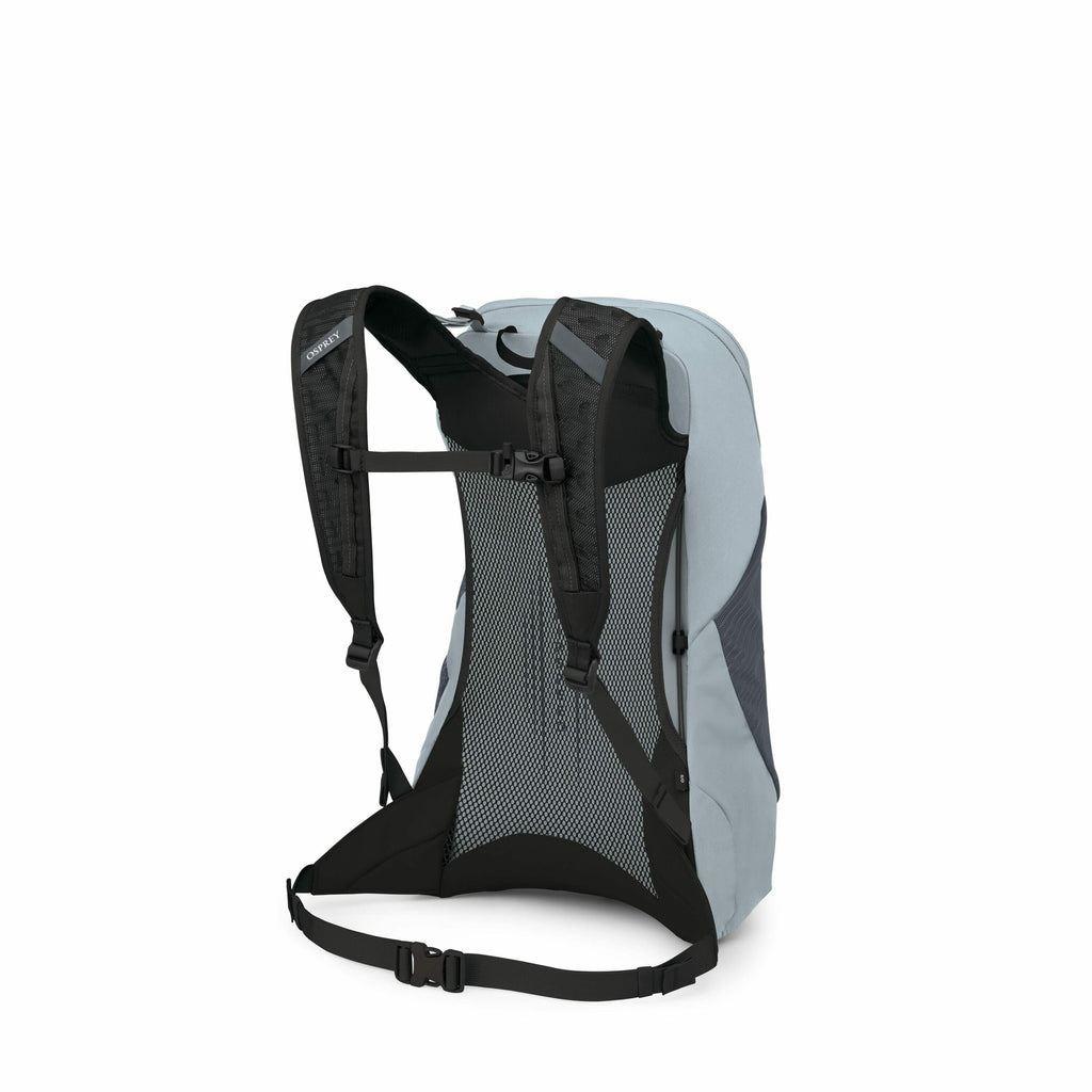 The image displays a backpack viewed from the rear, highlighting its strap system and back panel. The backpack is primarily light gray with black accents and features two padded shoulder straps, each marked with the "Osprey" logo. Between the straps is a