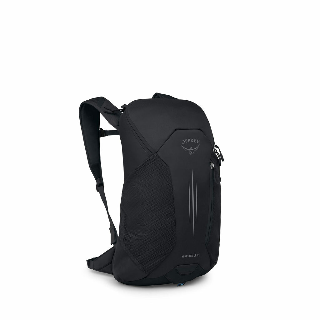 The image features a sleek, black backpack designed by Osprey, specifically the Hikelite 16 model. It has a streamlined design, with a subtle shine and texture that suggests durable fabric construction. The backpack includes adjustable shoulder straps and