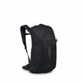 The image features a sleek, black backpack designed by Osprey, specifically the Hikelite 16 model. It has a streamlined design, with a subtle shine and texture that suggests durable fabric construction. The backpack includes adjustable shoulder straps and