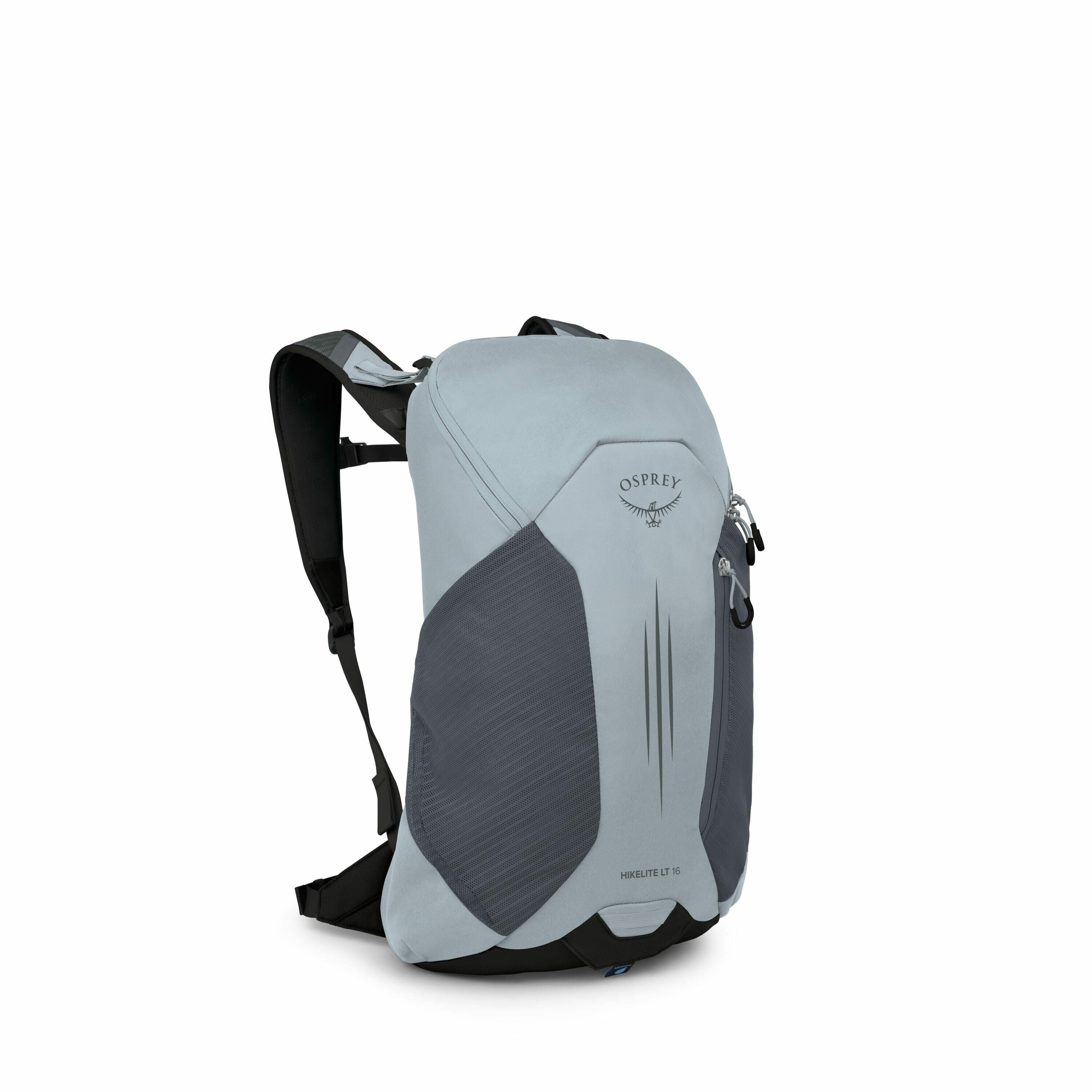 The image displays a light gray and dark gray Osprey backpack. The backpack has a sleek and compact design with the brand's logo, an Osprey bird emblem, prominently featured on the upper section. There are minimalistic, vertical line patterns on the front