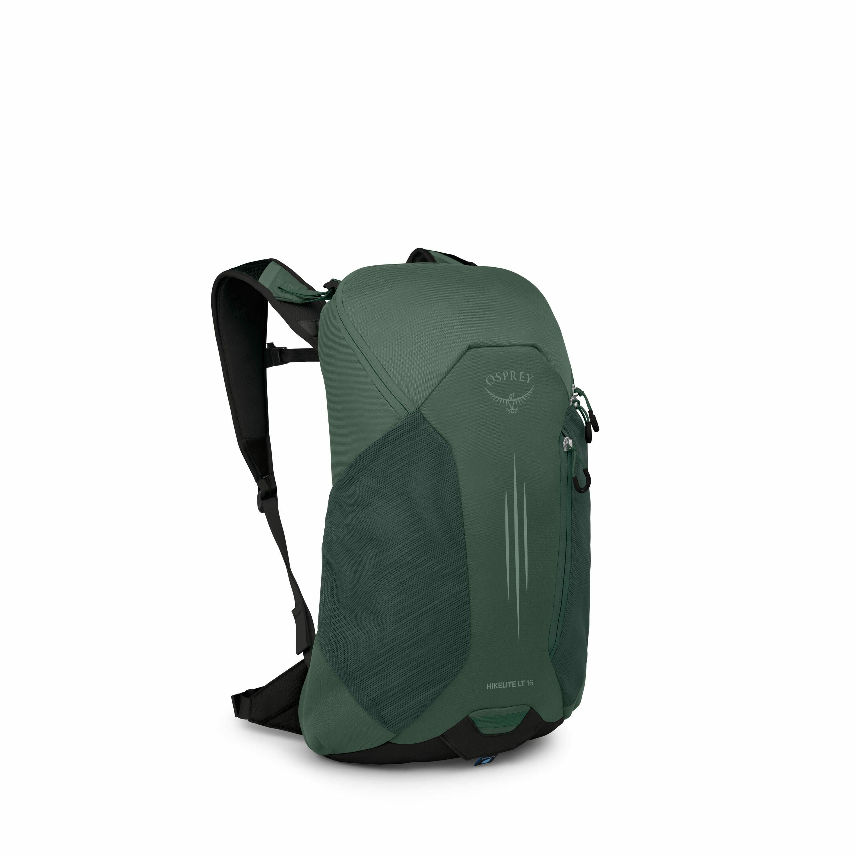 The image shows a green backpack, specifically an Osprey Hikelite 16 model. The backpack is designed with a sleek and streamlined appearance, featuring a single large compartment with a zipper closure. The front side of the backpack has a subtle design pa