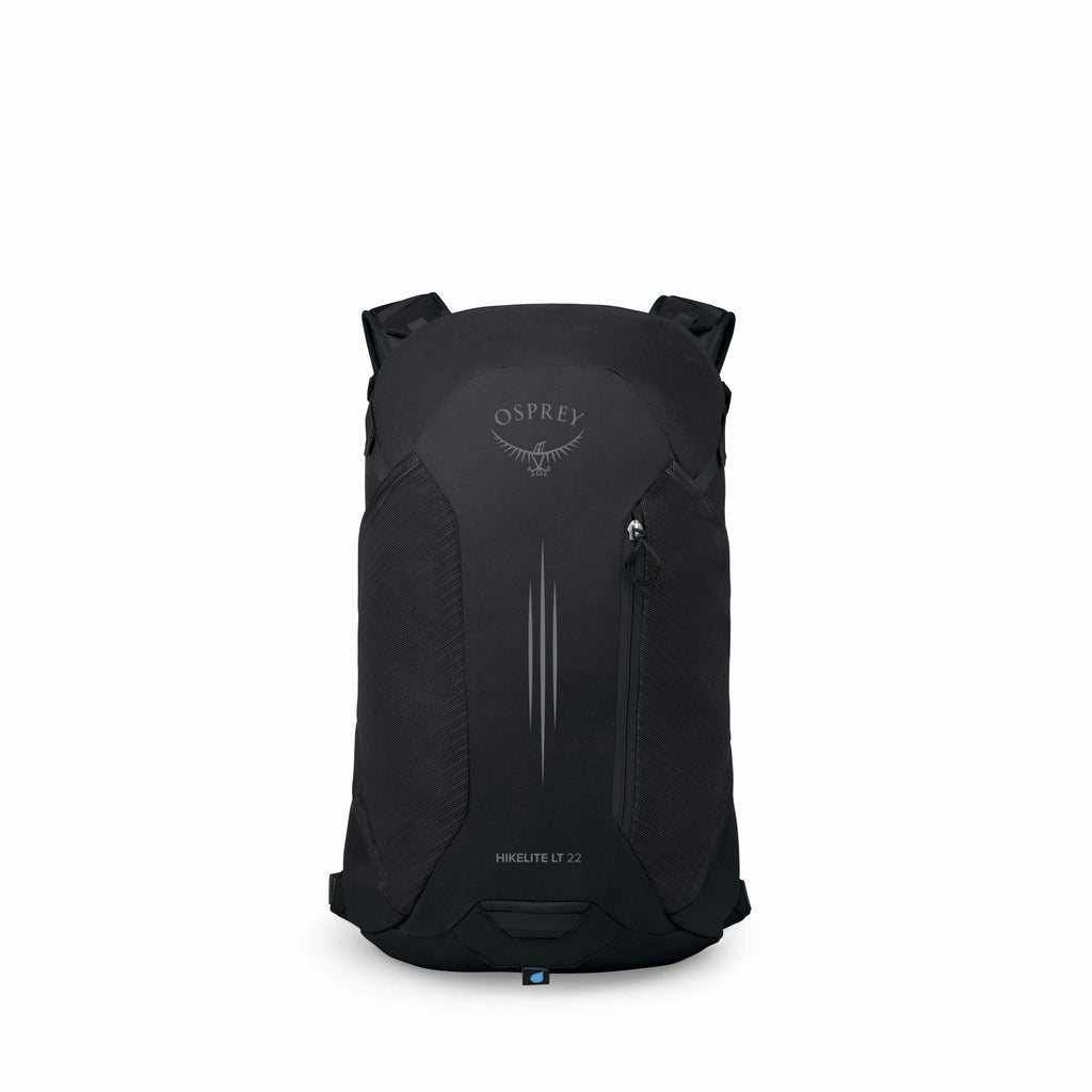 The image shows a sleek, black backpack with the brand name "Osprey" prominently displayed near the top. The backpack has a minimalist design, featuring vertical lines and a zippered pocket on the front. It is labeled "Hikelite LT 22," suggesting its ligh