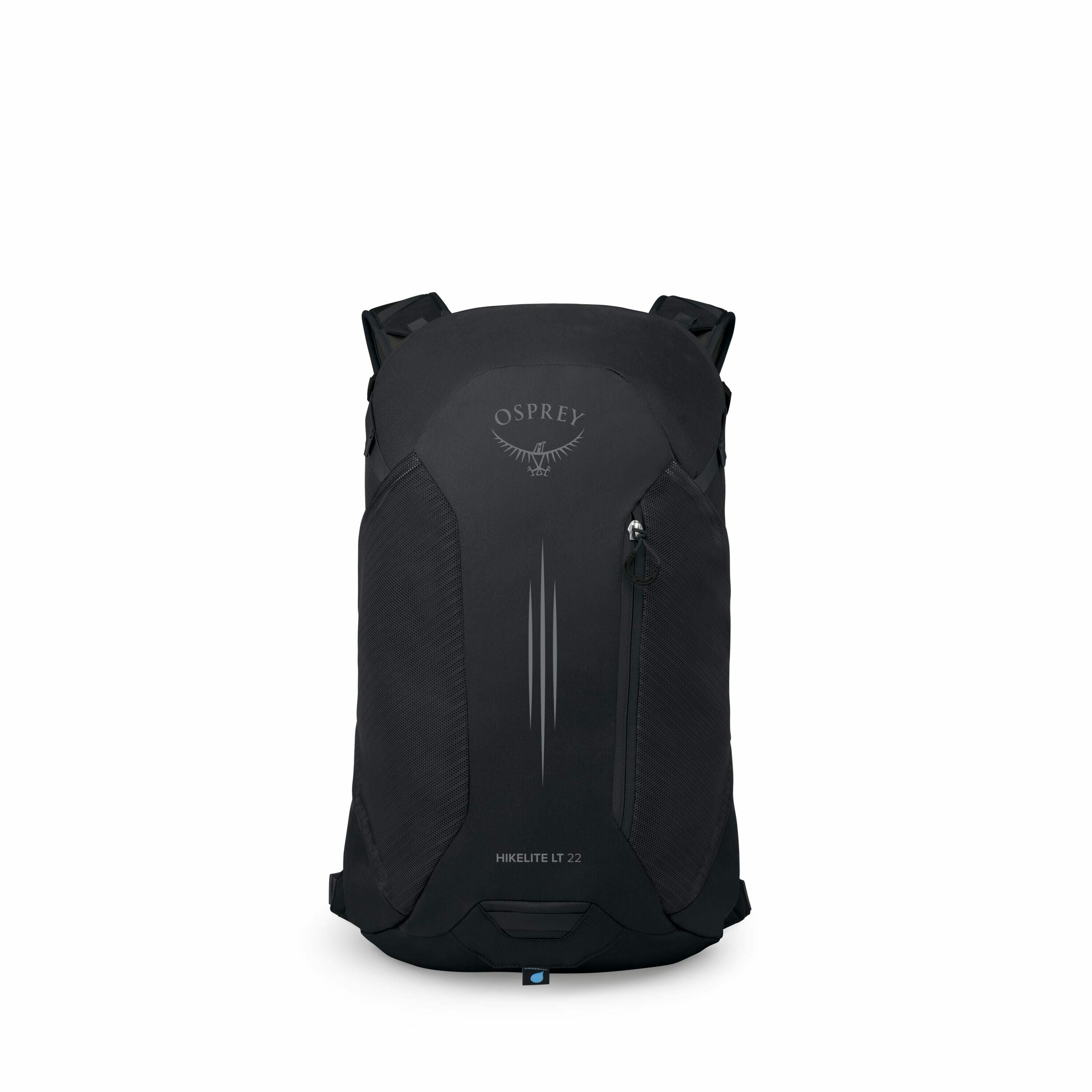 The image shows a sleek, black backpack with the brand name "Osprey" prominently displayed near the top. The backpack has a minimalist design, featuring vertical lines and a zippered pocket on the front. It is labeled "Hikelite LT 22," suggesting its ligh