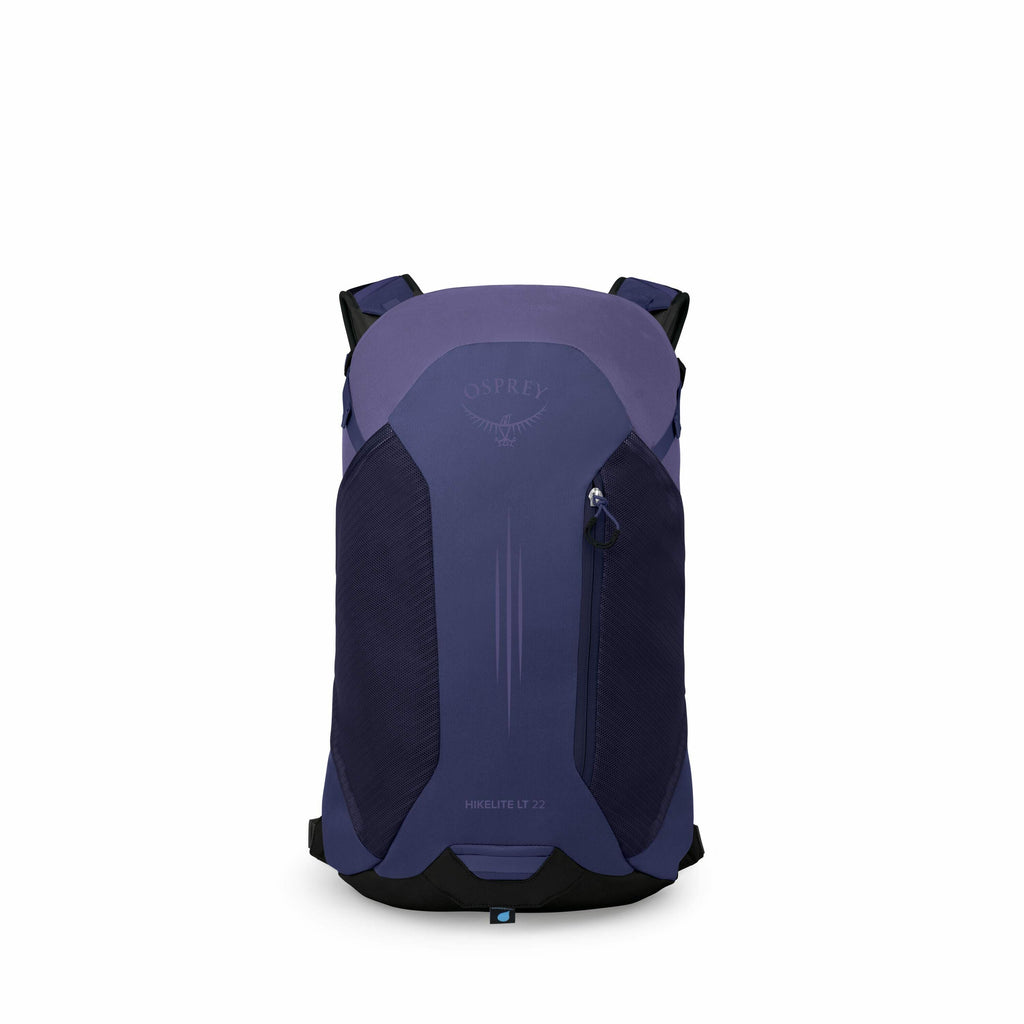 The image features a dark blue Osprey backpack, model Hikelite LT 22, against a plain white background. The backpack has a sleek design with a streamlined appearance, and it prominently displays the Osprey logo near the top. There are various images showi