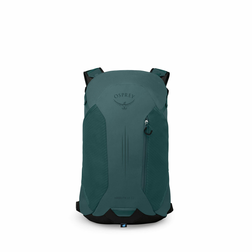 The image depicts a backpack from the brand Osprey, specifically the Hikelite LT 23 model. The backpack is in a deep green color with black accents and features the Osprey logo prominently on the front. It has a sleek, modern design with visible stitching