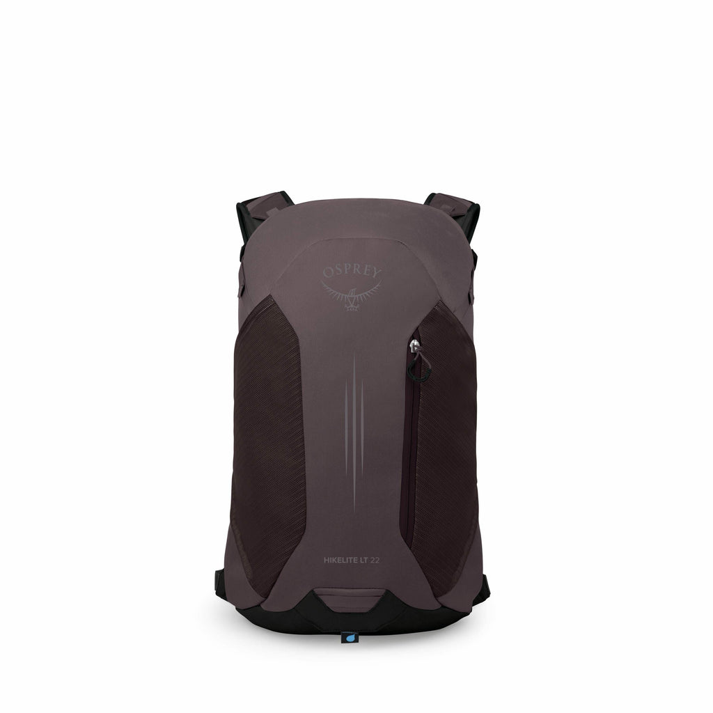 The image showcases a backpack by Osprey, specifically the Hikelite LT 22 model. It features a sleek and compact design with a subtle purple color scheme, complemented by darker side panels. The backpack has a front zippered pocket for easy access, along