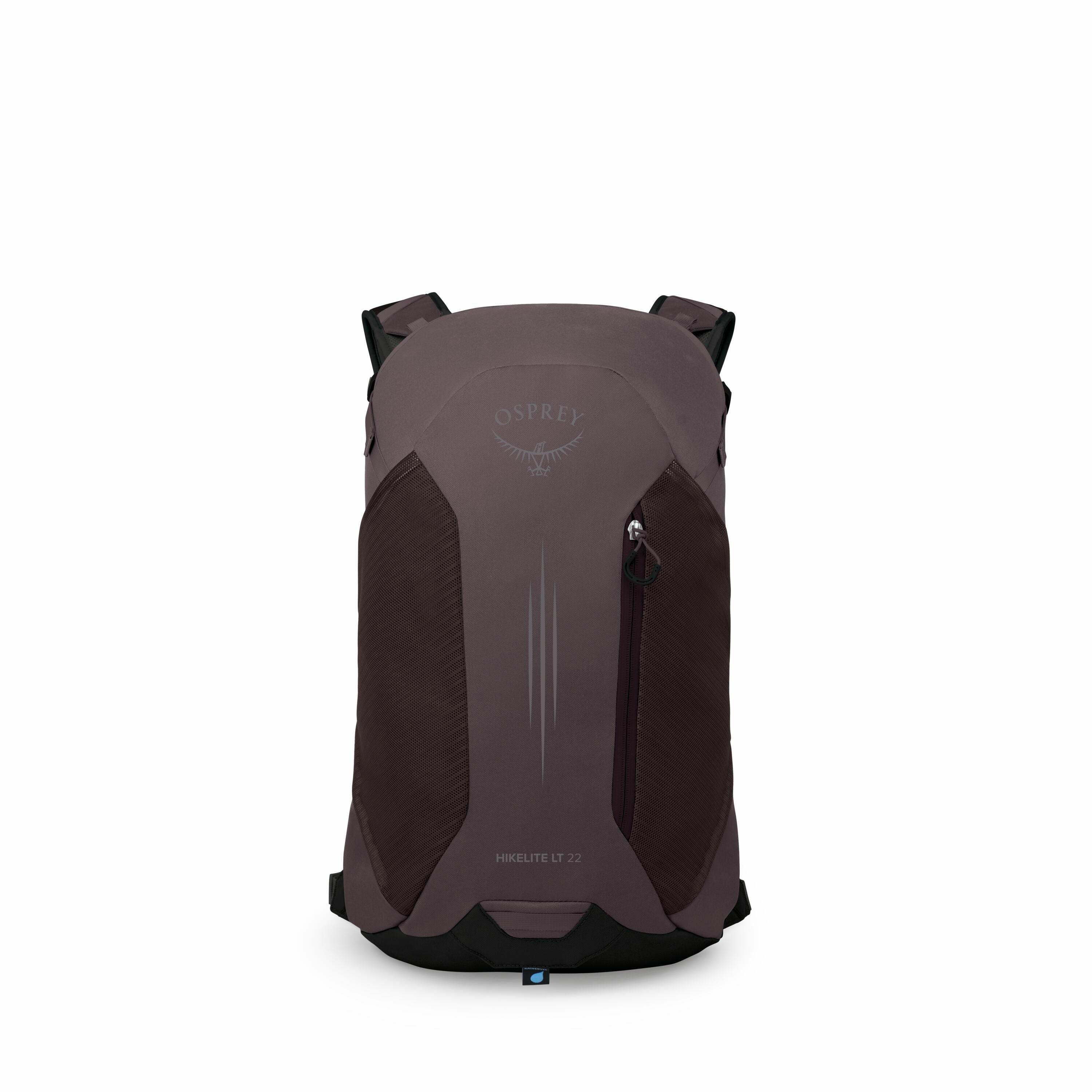 The image showcases a backpack by Osprey, specifically the Hikelite LT 22 model. It features a sleek and compact design with a subtle purple color scheme, complemented by darker side panels. The backpack has a front zippered pocket for easy access, along