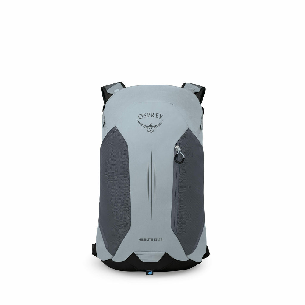 The image showcases an Osprey Hikelite LT 22 backpack, primarily in a light blue color with darker blue accents. The backpack features the Osprey logo prominently on the upper front section, and there is a visible zipper pocket on the right side. The back