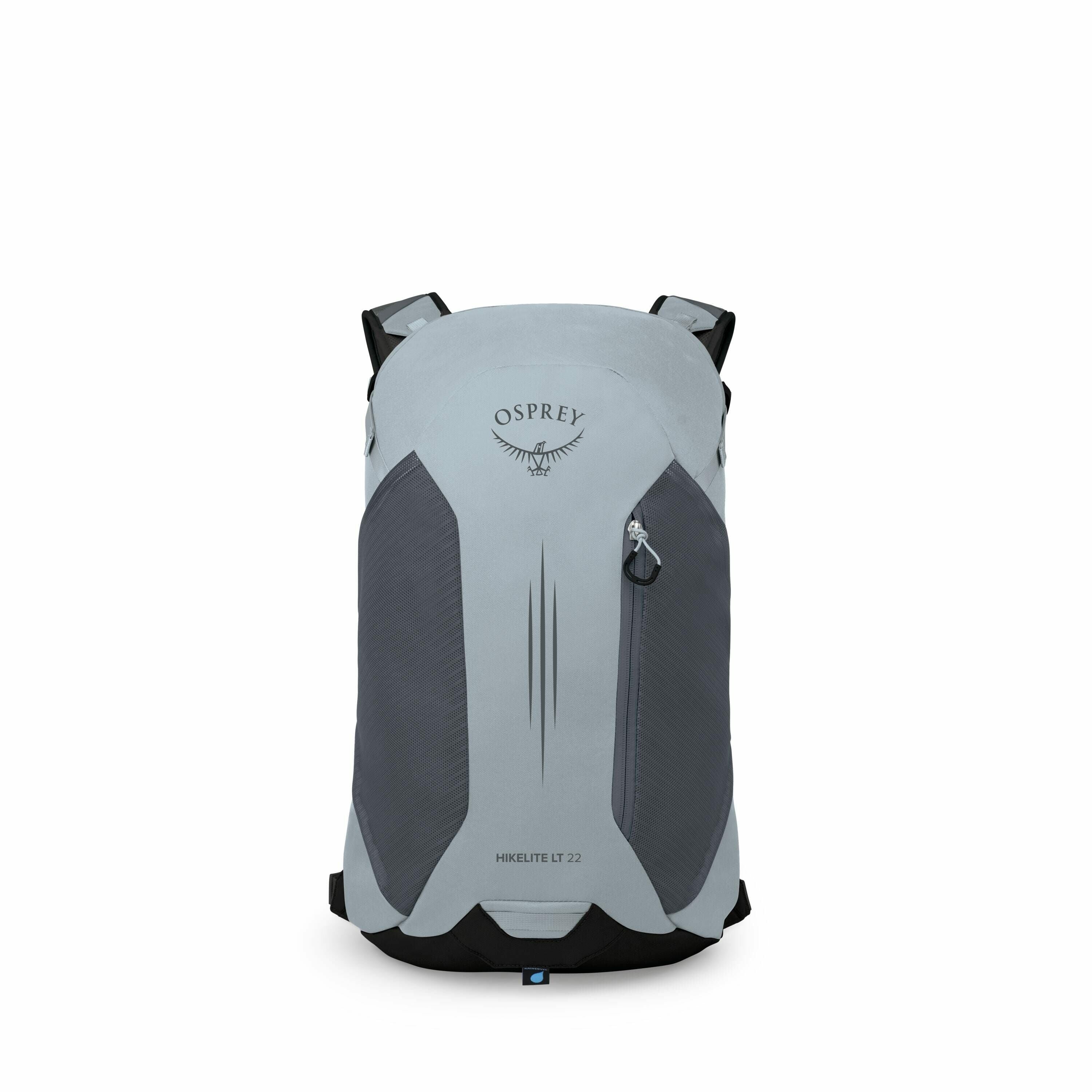 The image showcases an Osprey Hikelite LT 22 backpack, primarily in a light blue color with darker blue accents. The backpack features the Osprey logo prominently on the upper front section, and there is a visible zipper pocket on the right side. The back