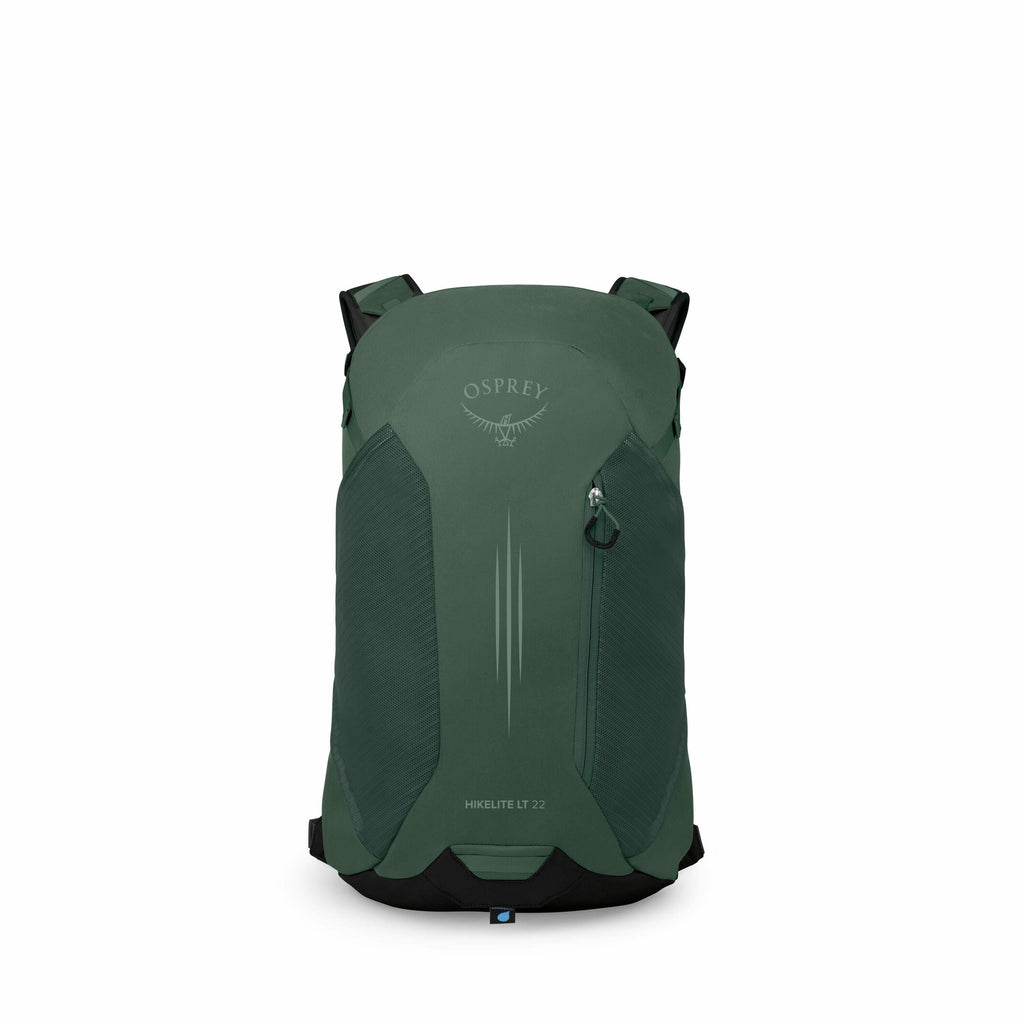 The images show a green backpack designed by Osprey, specifically the Hikelite LT 22 model. The first image depicts the backpack in its full, intact form, showcasing its streamlined and compact design. The subsequent images display the backpack in a disas
