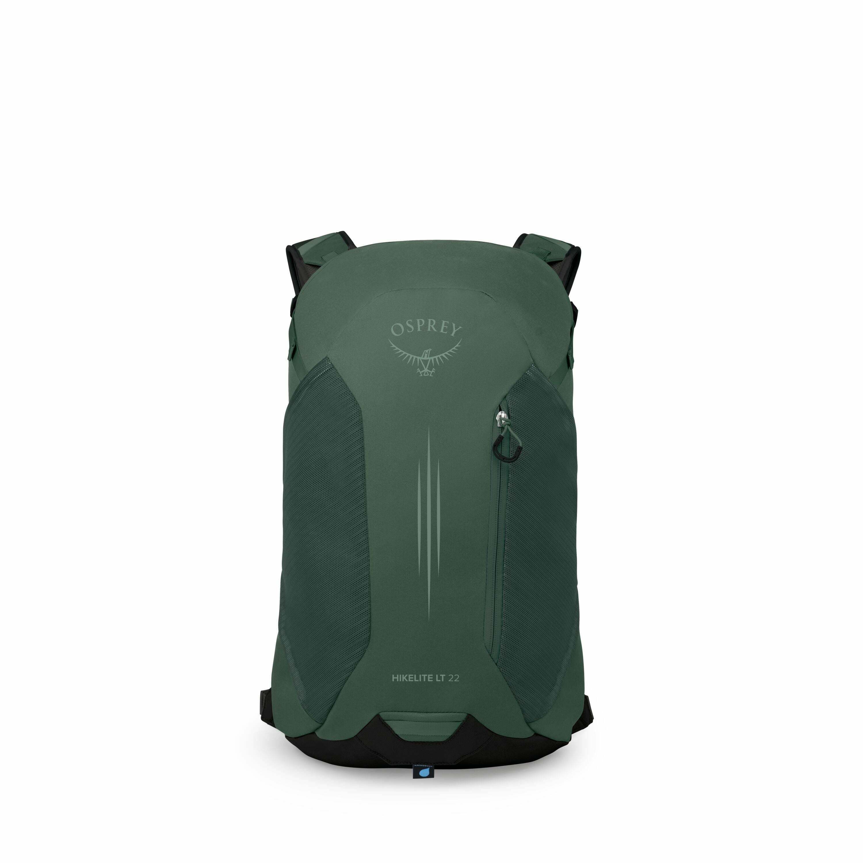 The images show a green backpack designed by Osprey, specifically the Hikelite LT 22 model. The first image depicts the backpack in its full, intact form, showcasing its streamlined and compact design. The subsequent images display the backpack in a disas