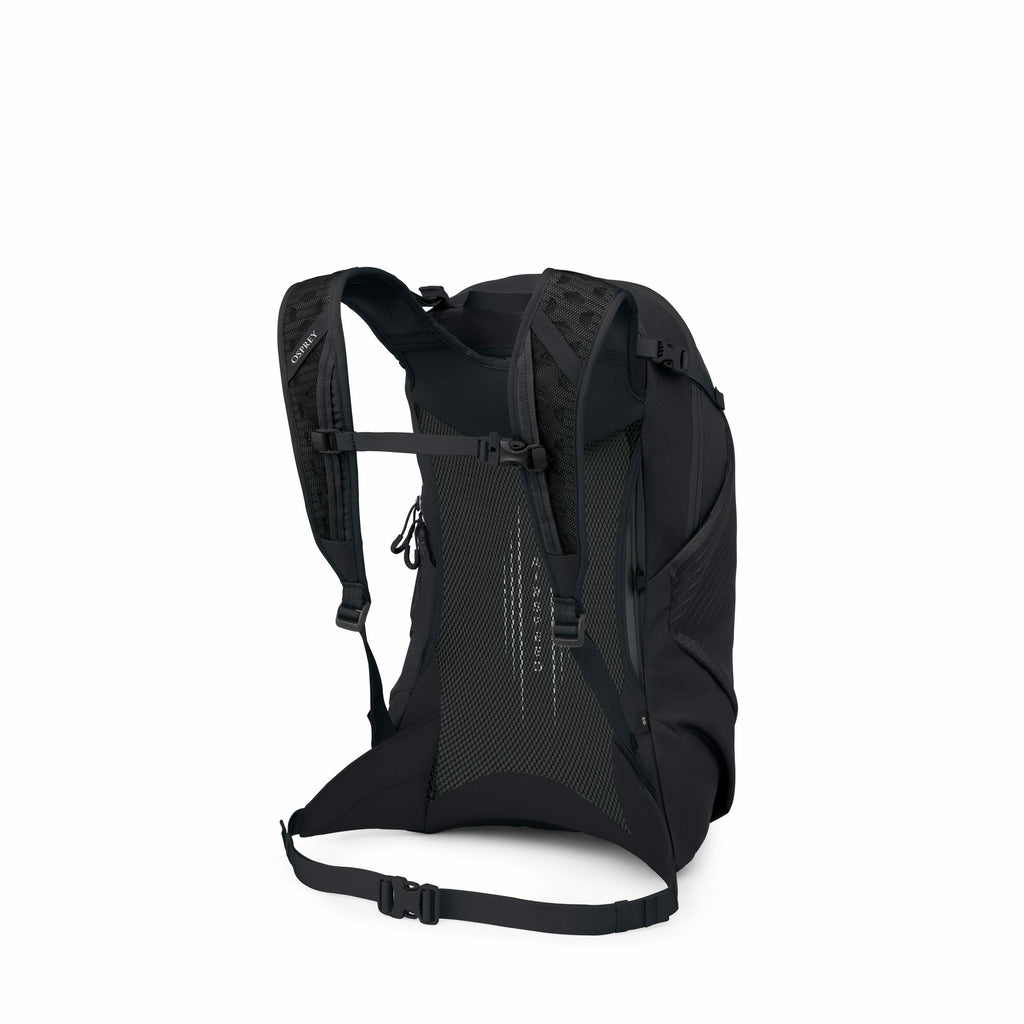 The image shows a black backpack with visible shoulder straps and a back panel. The backpack is equipped with a mesh design on the back panel, likely for ventilation and comfort. There are adjustable straps on the shoulder and waist areas for a better fit