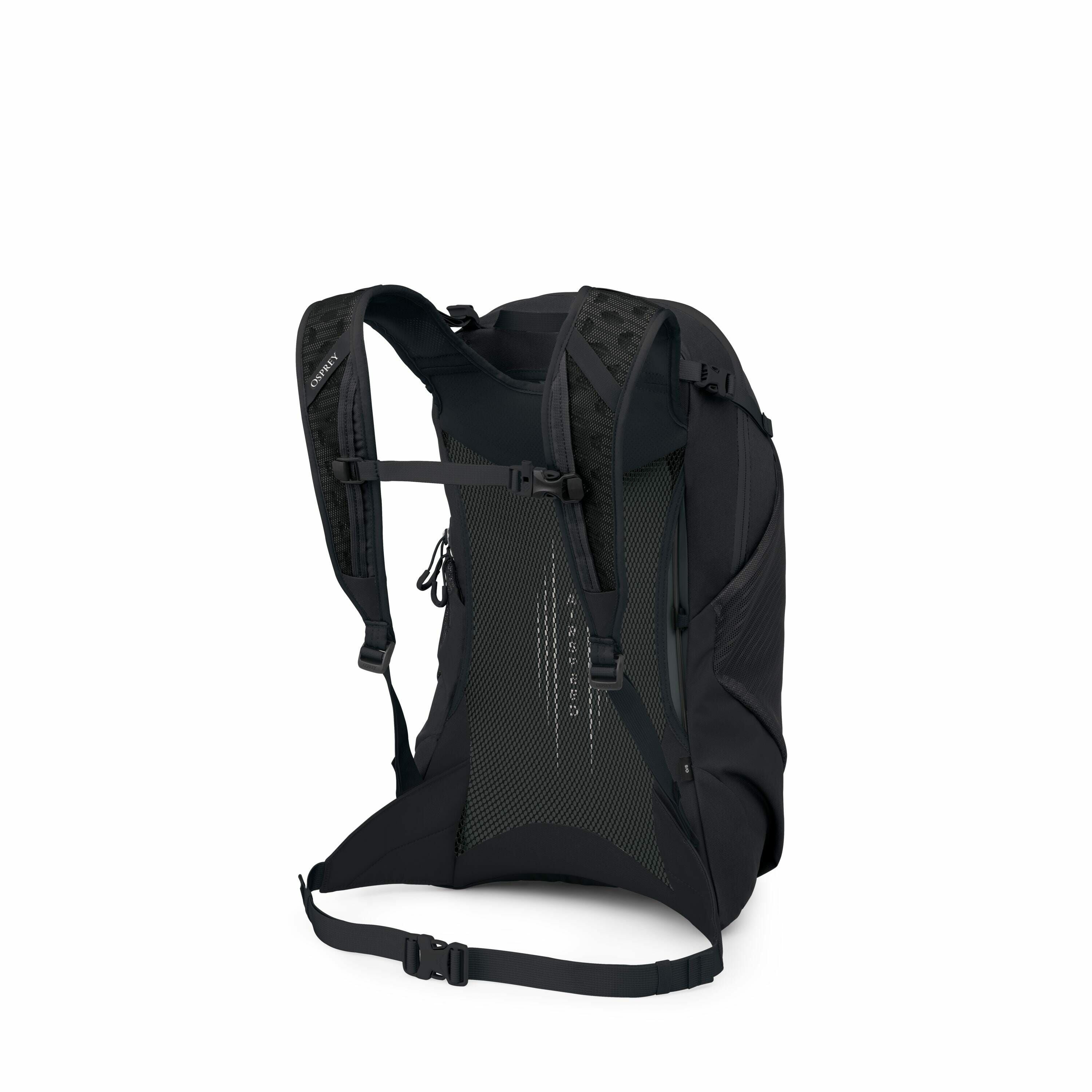The image shows a black backpack with visible shoulder straps and a back panel. The backpack is equipped with a mesh design on the back panel, likely for ventilation and comfort. There are adjustable straps on the shoulder and waist areas for a better fit