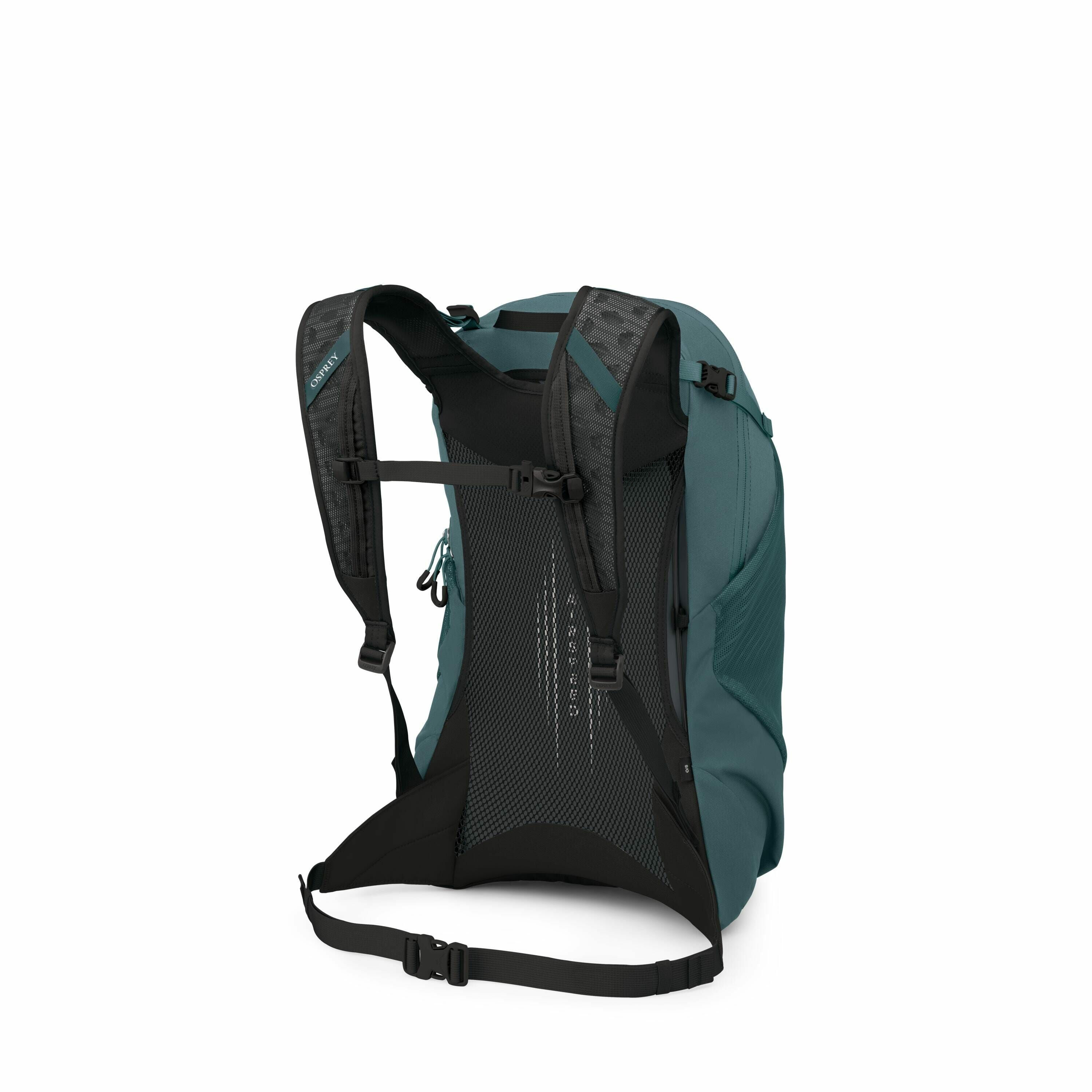 The image showcases a teal-colored backpack with a prominent focus on its back and strap features. The backpack appears to be designed for comfort and breathability, evident by the use of mesh materials on the back panel and straps. It features a suspensi