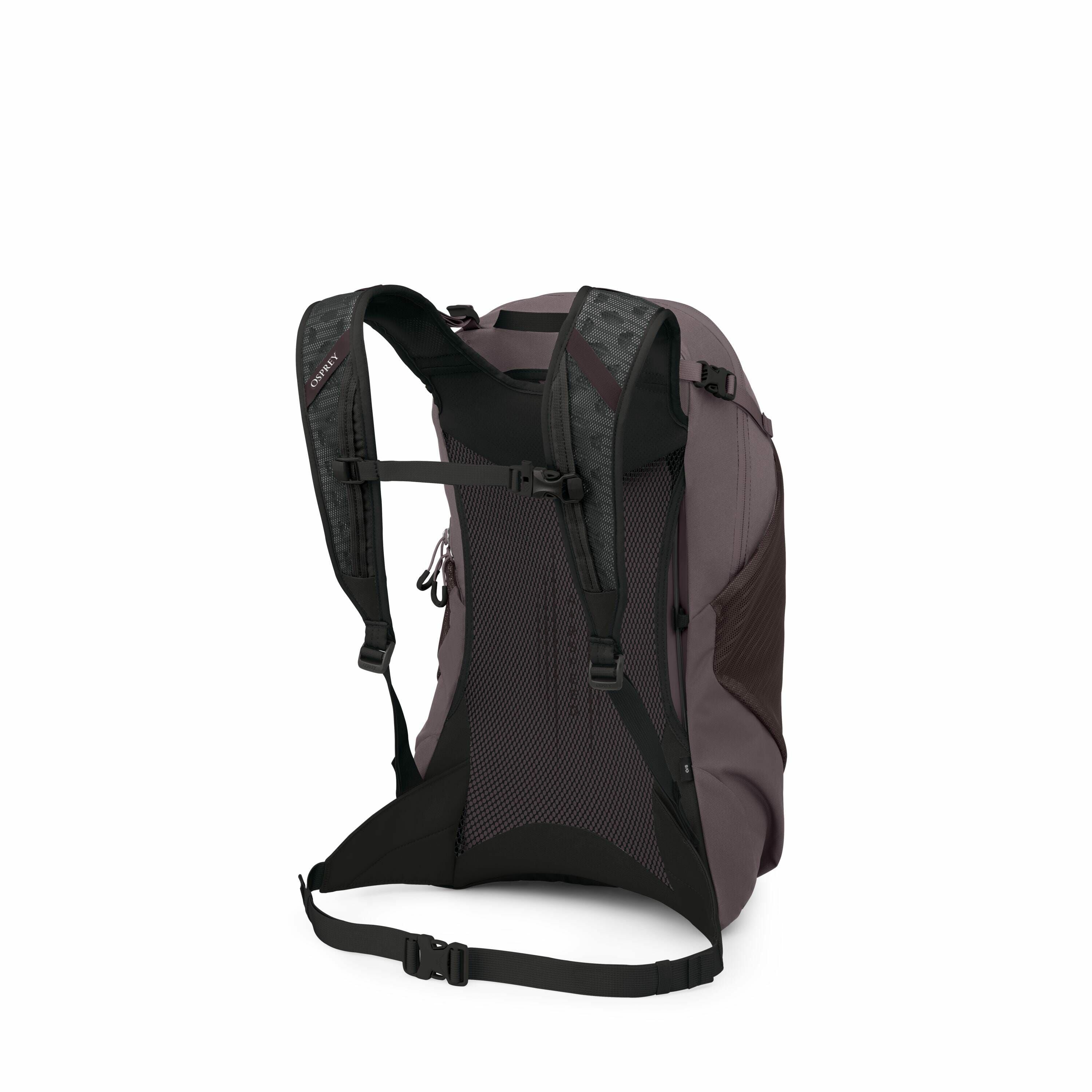 The image depicts a sleek and modern backpack from Osprey, viewed from the back side. It has a dark color scheme, primarily featuring shades of purple and black. The backpack has well-padded, adjustable shoulder straps and a mesh back panel designed for c