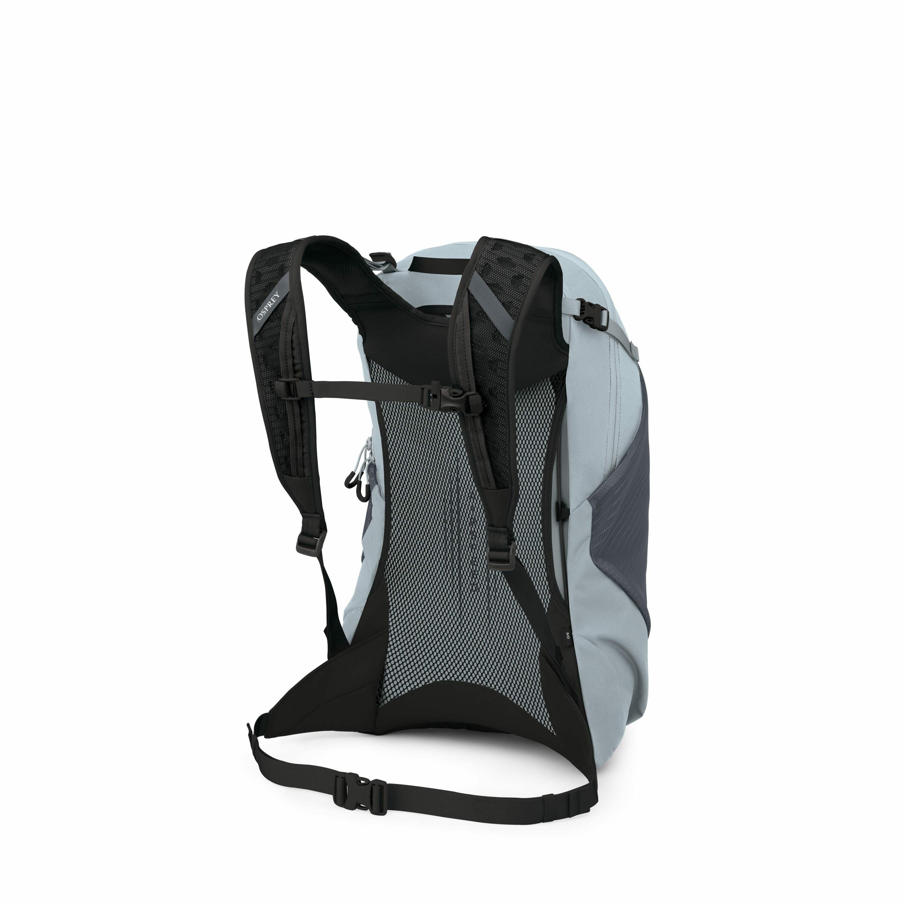 The image features a light blue backpack shown from the rear, highlighting its ergonomic and supportive design. The backpack has a unique suspension system, with breathable mesh padding designed to ensure comfort and ventilation for the user. The shoulder