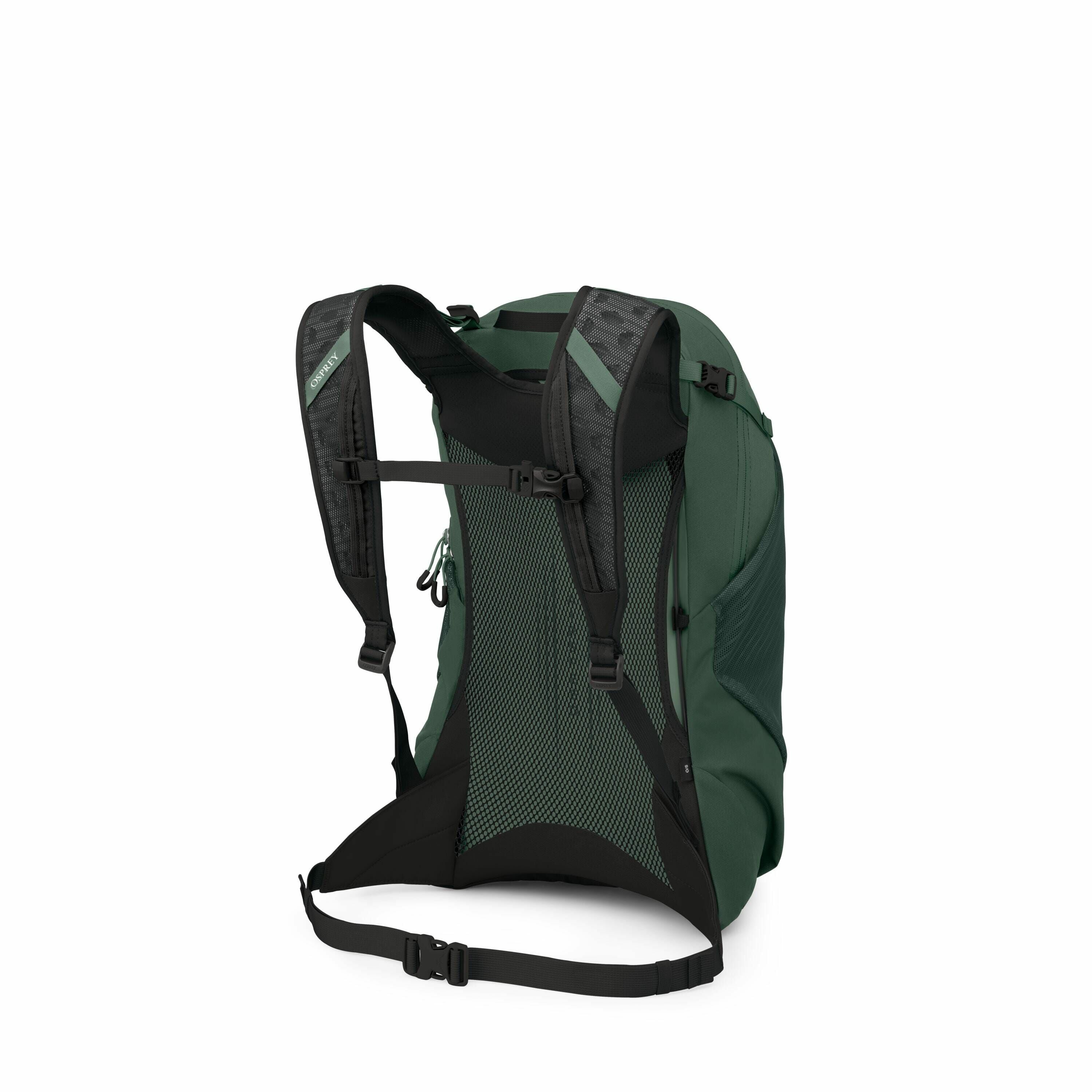 The image depicts a dark green Osprey backpack, viewed from the back, showcasing its adjustable shoulder straps and hip belt. The shoulder straps are black with a textured pattern, and one of them features the Osprey logo in green. The back panel of the b