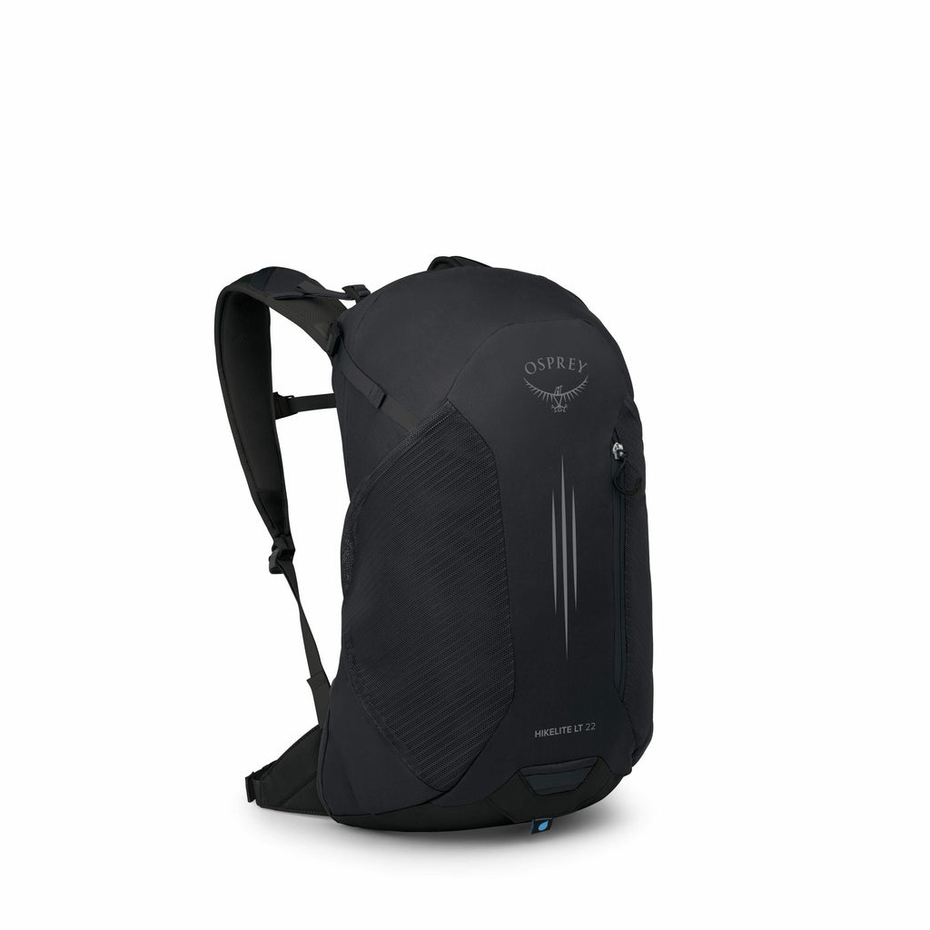 The image shows a black Osprey backpack, specifically the Hikelite LT 22 model. The backpack features a sleek design with subtle branding, including the Osprey logo and an outline of an osprey bird on its front. The main compartment appears spacious and i