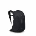 The image shows a black Osprey backpack, specifically the Hikelite LT 22 model. The backpack features a sleek design with subtle branding, including the Osprey logo and an outline of an osprey bird on its front. The main compartment appears spacious and i