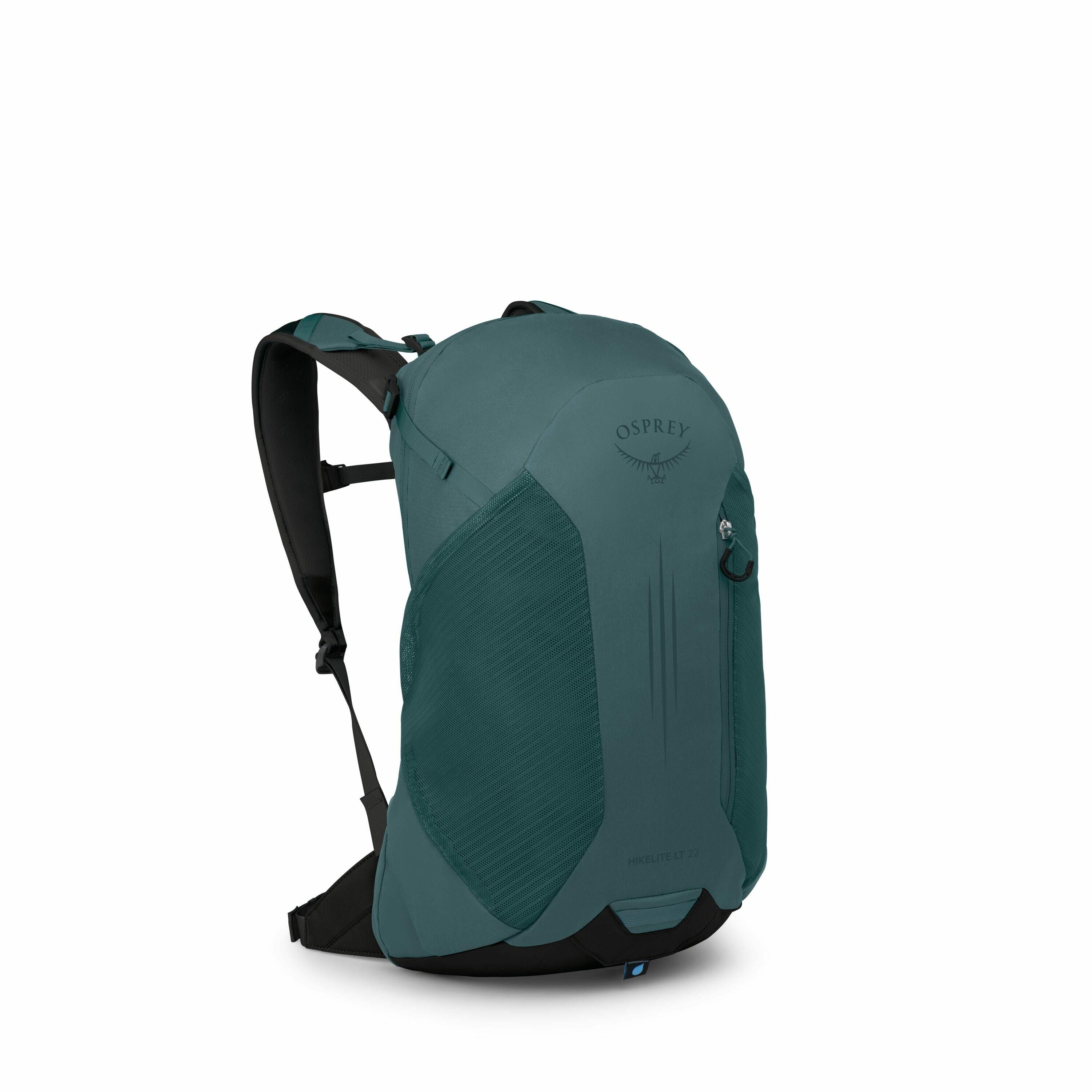 The image displays a teal-colored backpack, specifically the Osprey Hikelite LT 23. The backpack has a sleek design, featuring the Osprey logo prominently on its upper front section, with an outline of an eagle in flight. The bag appears to have a mesh si