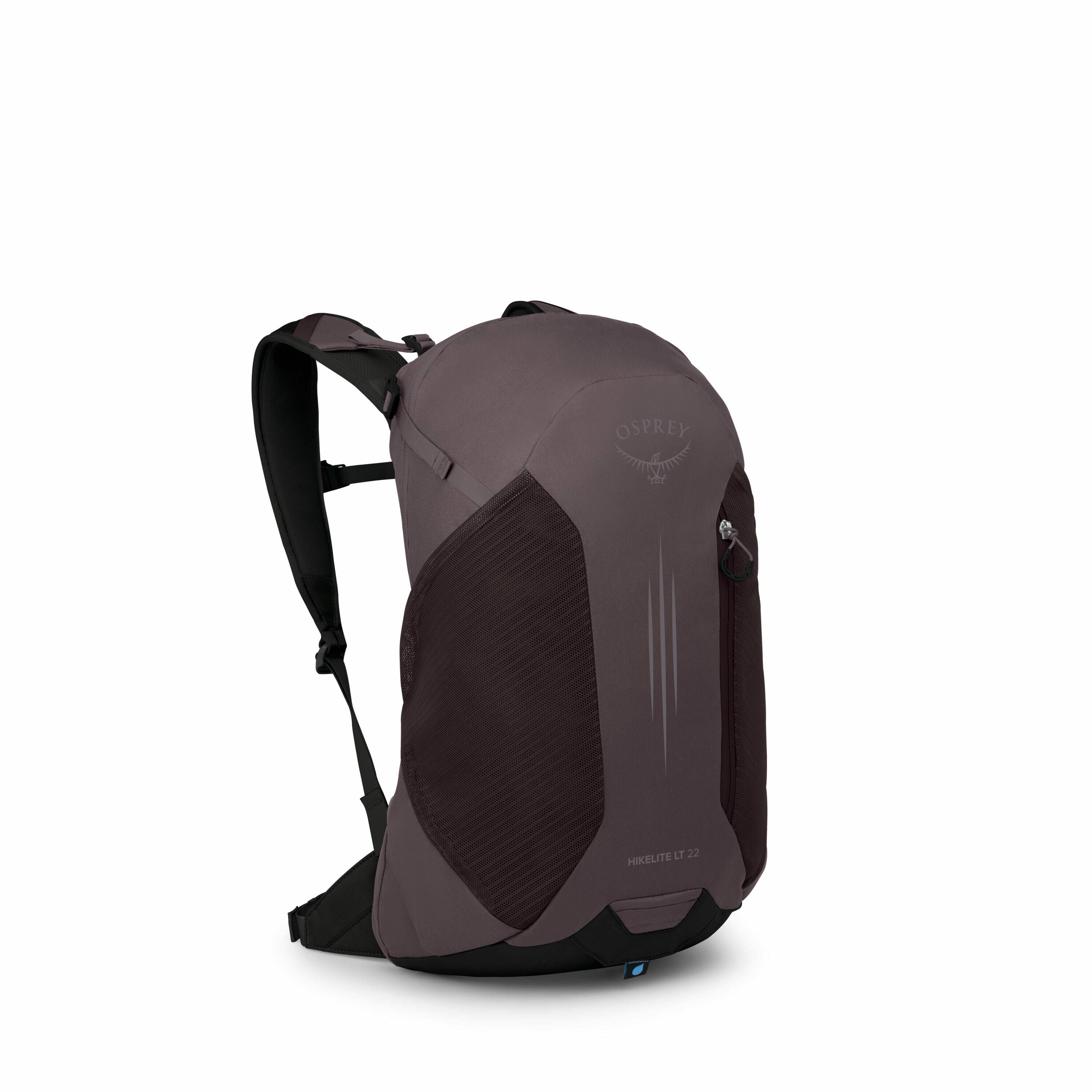 The image depicts an Osprey backpack, specifically the Hikelite LT 22 model, viewed at an angle that showcases its design features. The backpack is primarily a dark purple or plum color with black accents on the straps and the base. The Osprey logo is vis
