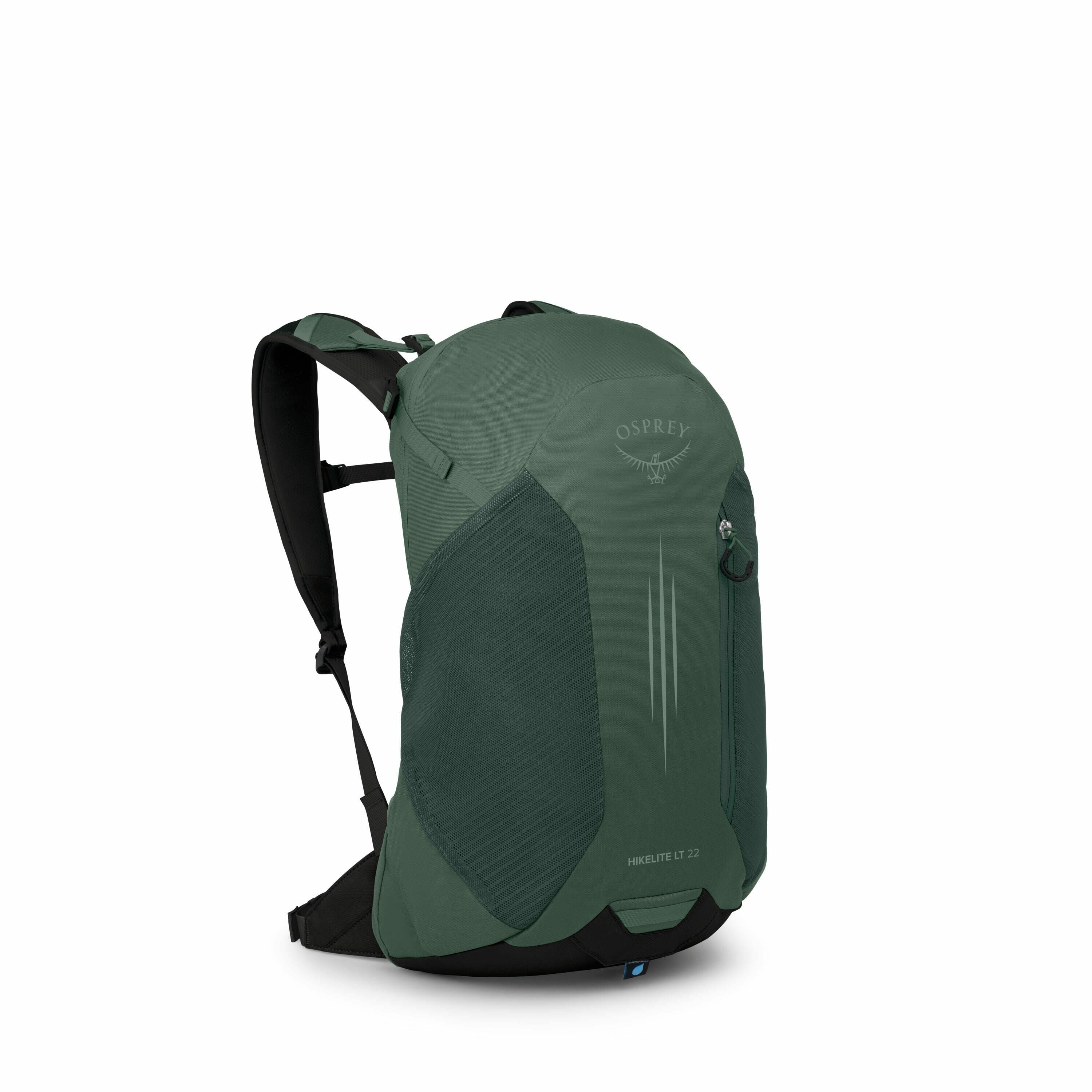 The image showcases an Osprey backpack, specifically the Hikelite LT 22 model. The backpack is a deep forest green color with black accents and a streamlined design. On the top of the bag, the Osprey logo is prominently displayed, featuring the brand name