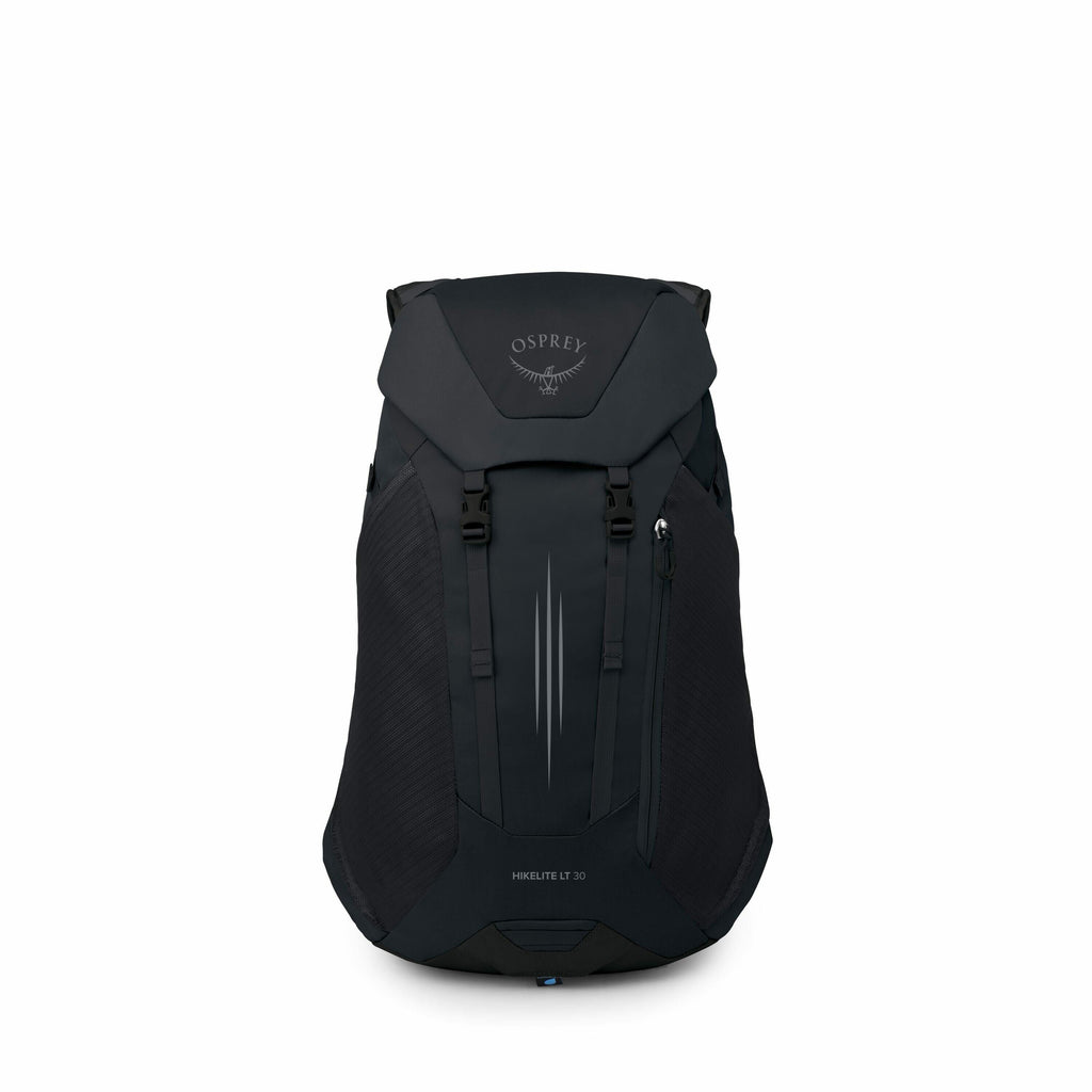 The image features a black Osprey backpack labeled "Hikelite LT 30" on the front. The design is sleek and minimalistic, with clean lines and a matte finish. The Osprey logo, featuring a stylized bird with outstretched wings, is prominently displayed on th