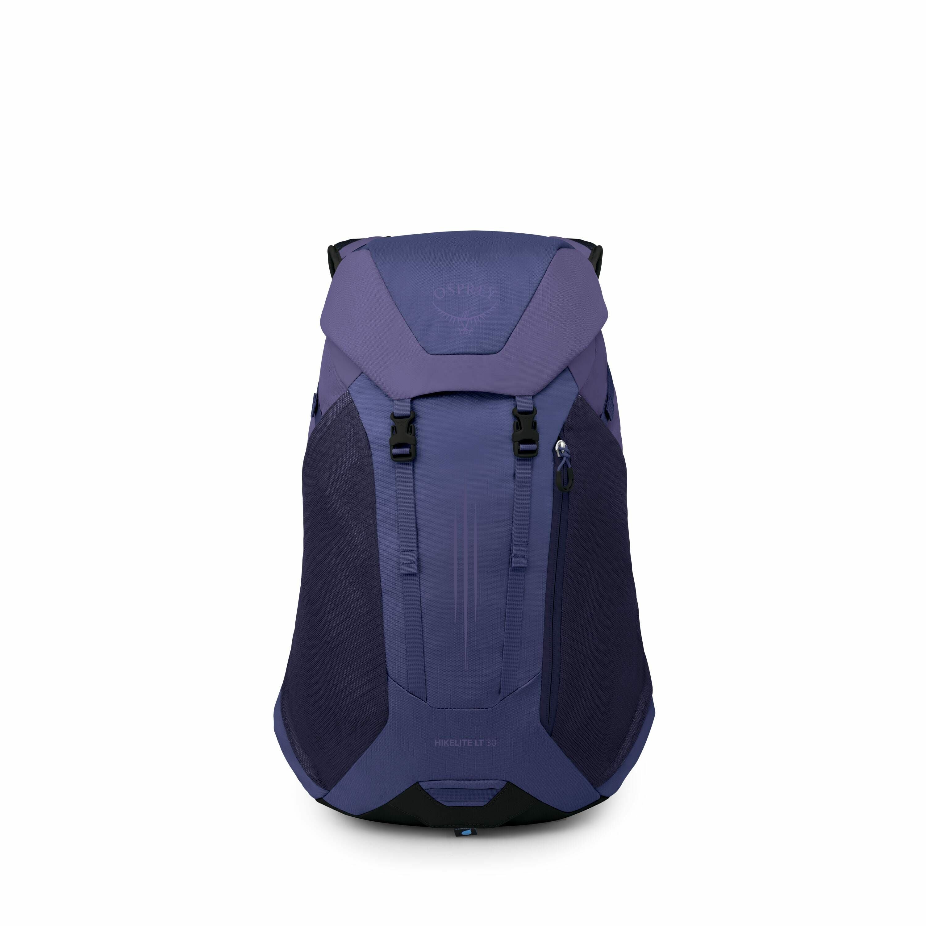 The image features a blue and dark purple backpack from Osprey with a sleek, streamlined design. It has a top flap with the Osprey logo embossed on it and two black clips for securing the flap. The backpack is labeled "HIKELITE LT 30," suggesting it has a
