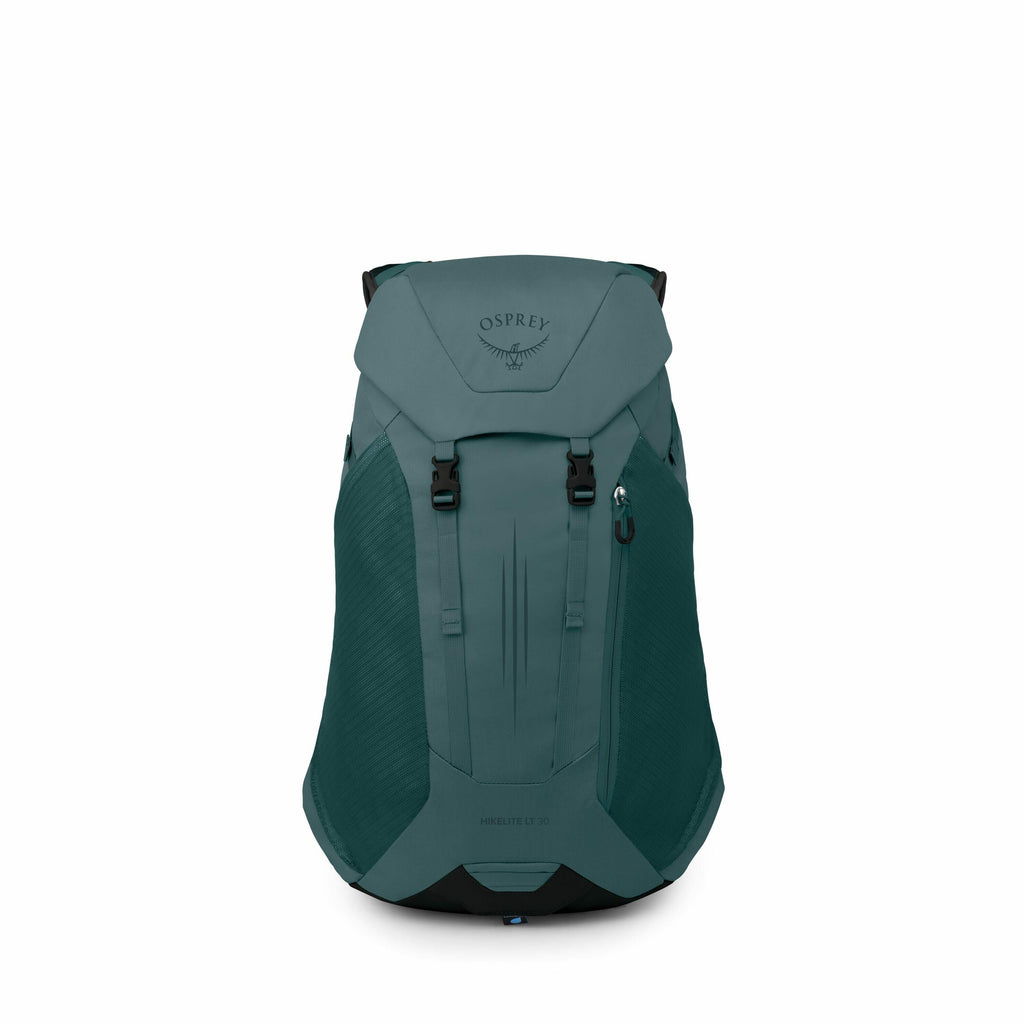 The image displays an Osprey backpack in a deep teal color, prominently featuring the brand logo with the image of a bird in flight and the name "Osprey" above it on the top flap. The backpack has a sleek and streamlined design, suitable for hiking or out