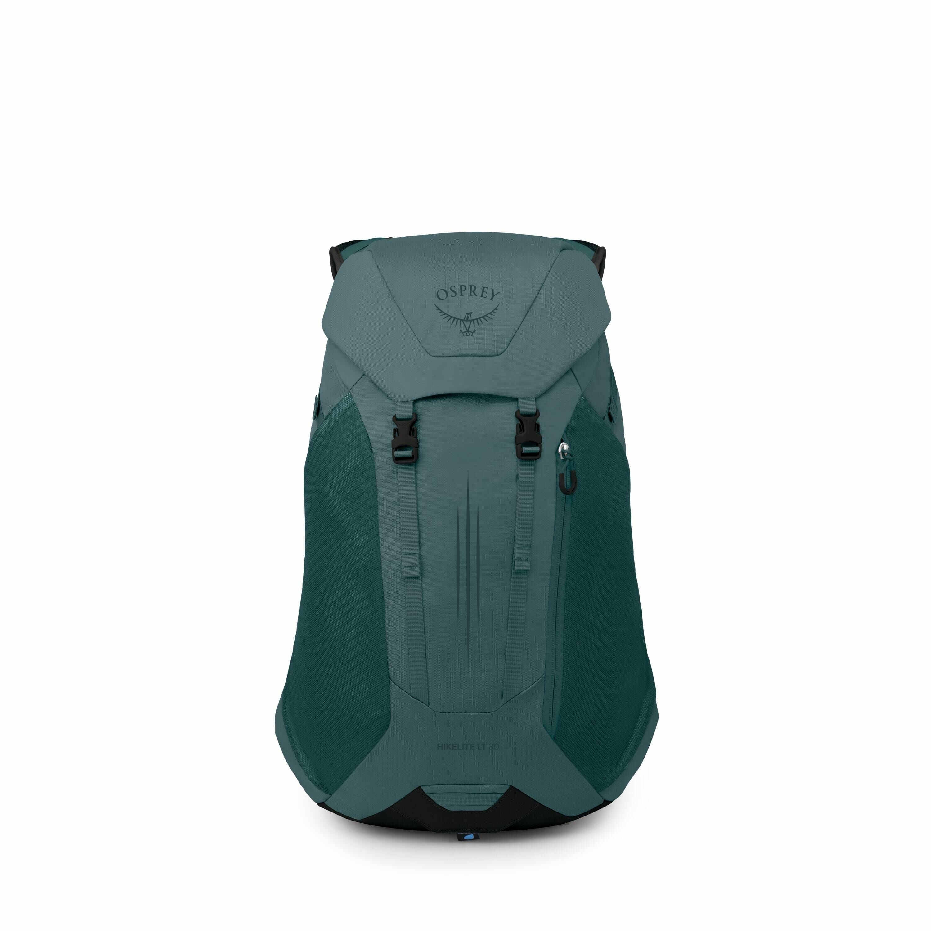 The image displays an Osprey backpack in a deep teal color, prominently featuring the brand logo with the image of a bird in flight and the name "Osprey" above it on the top flap. The backpack has a sleek and streamlined design, suitable for hiking or out
