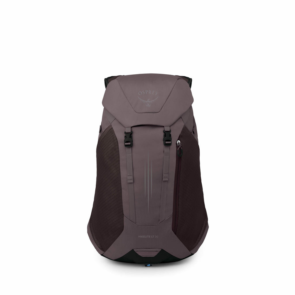 The image shows an Osprey hiking backpack, specifically the Hikelite LT 30 model, in a muted purple or gray shade. The design features a sleek and compact appearance with a top flap that covers the main compartment and is secured by two front buckles. The