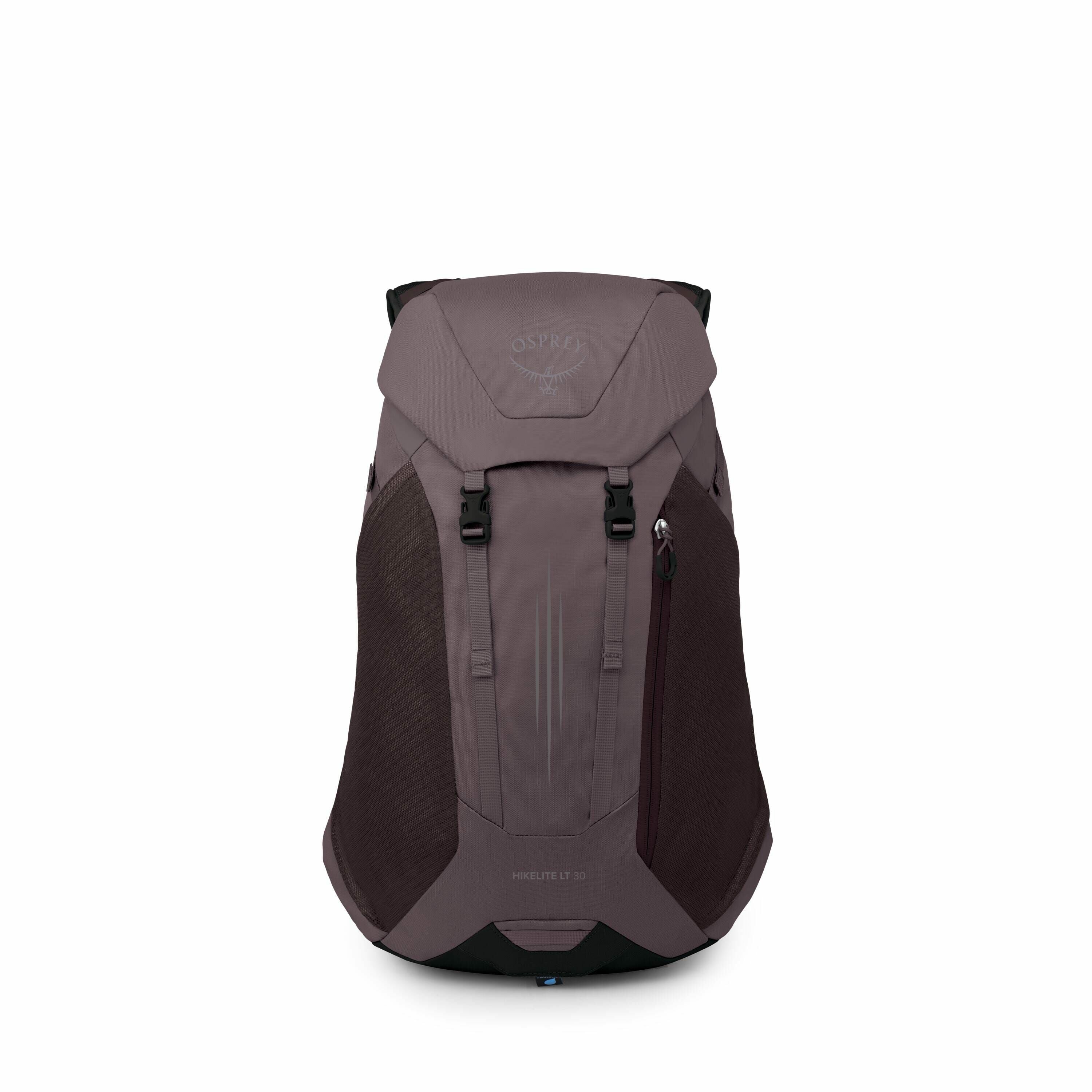 The image shows an Osprey hiking backpack, specifically the Hikelite LT 30 model, in a muted purple or gray shade. The design features a sleek and compact appearance with a top flap that covers the main compartment and is secured by two front buckles. The