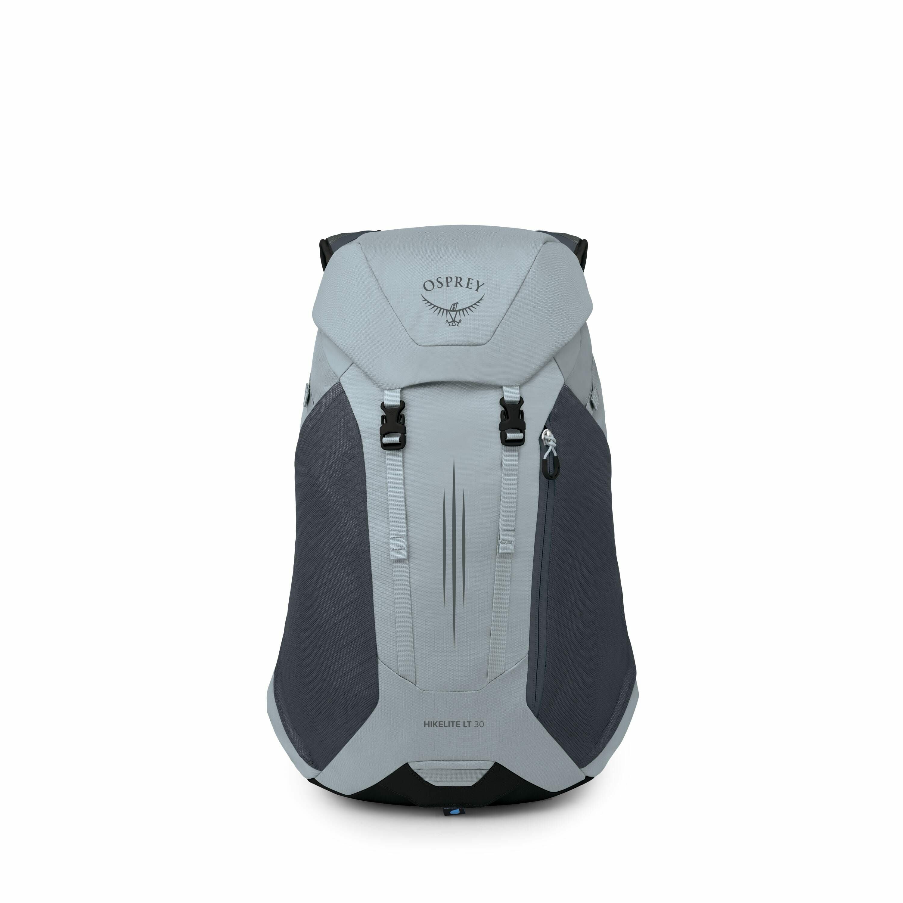 The image features an Osprey backpack, specifically the Hikelite LT 30 model, designed for hiking and outdoor activities. The backpack is light gray with dark gray accents, and it has a streamlined, sleek design. Prominently displayed on the top flap is t